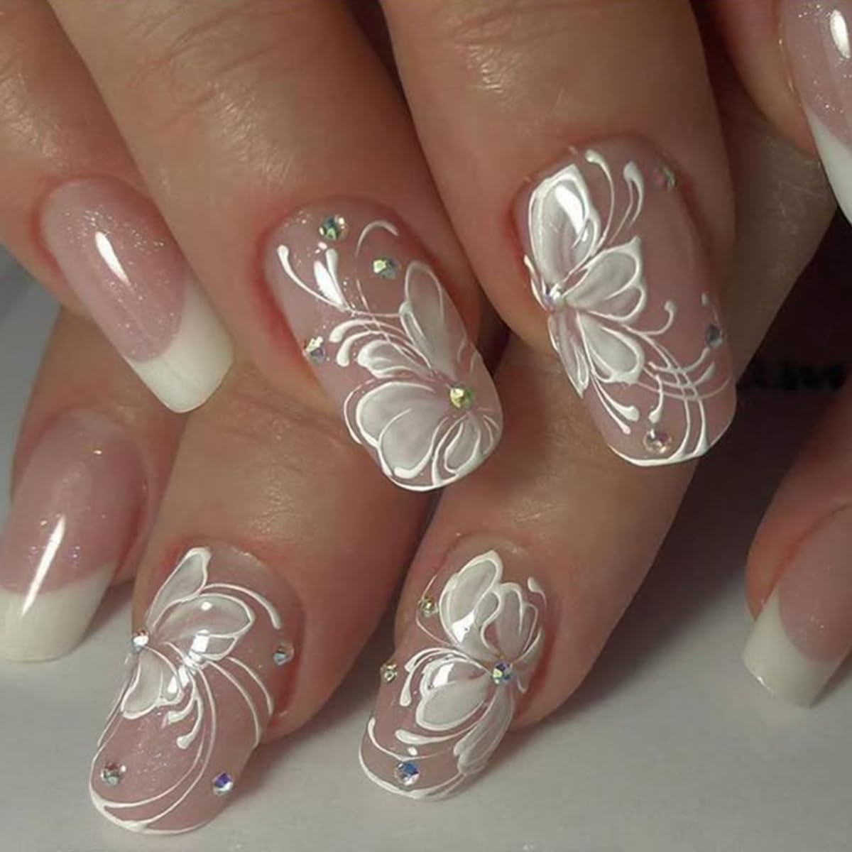 Short Square Press on Nails French Fake Nails Ombre Acrylic Nails Press on Full Cover Glossy False Nails Artificial Stick on Nail for Women Manicure Decoration 24PCS : Beauty & Personal Care