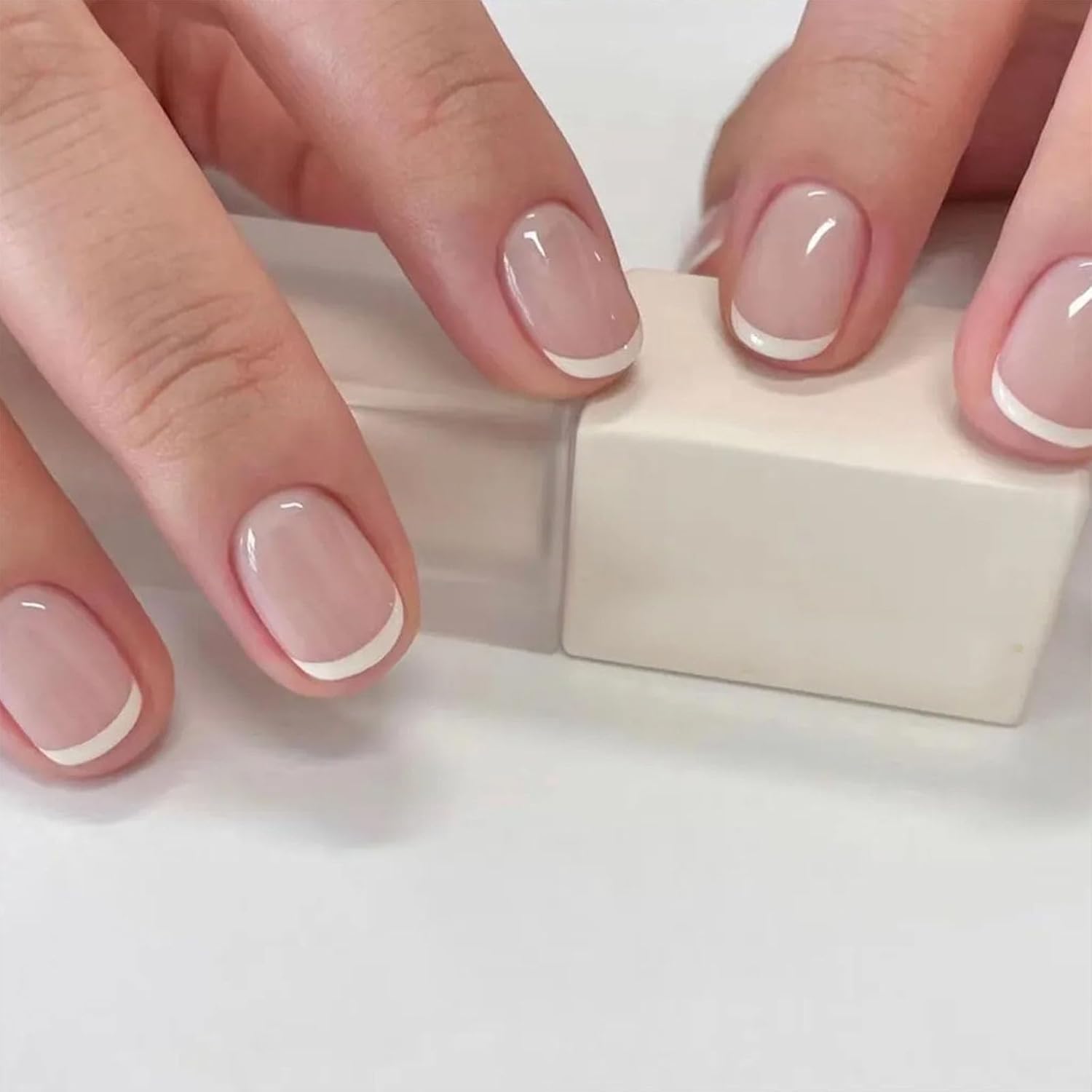 Short Press on Nails Square Nude Ombre Fake Nails Press ons White Glue Stick on Nails with Designs Full Cover Acrylic Glossy Artificial Cute False Nail for Women Girls 24 Pcs : Beauty & Personal Care