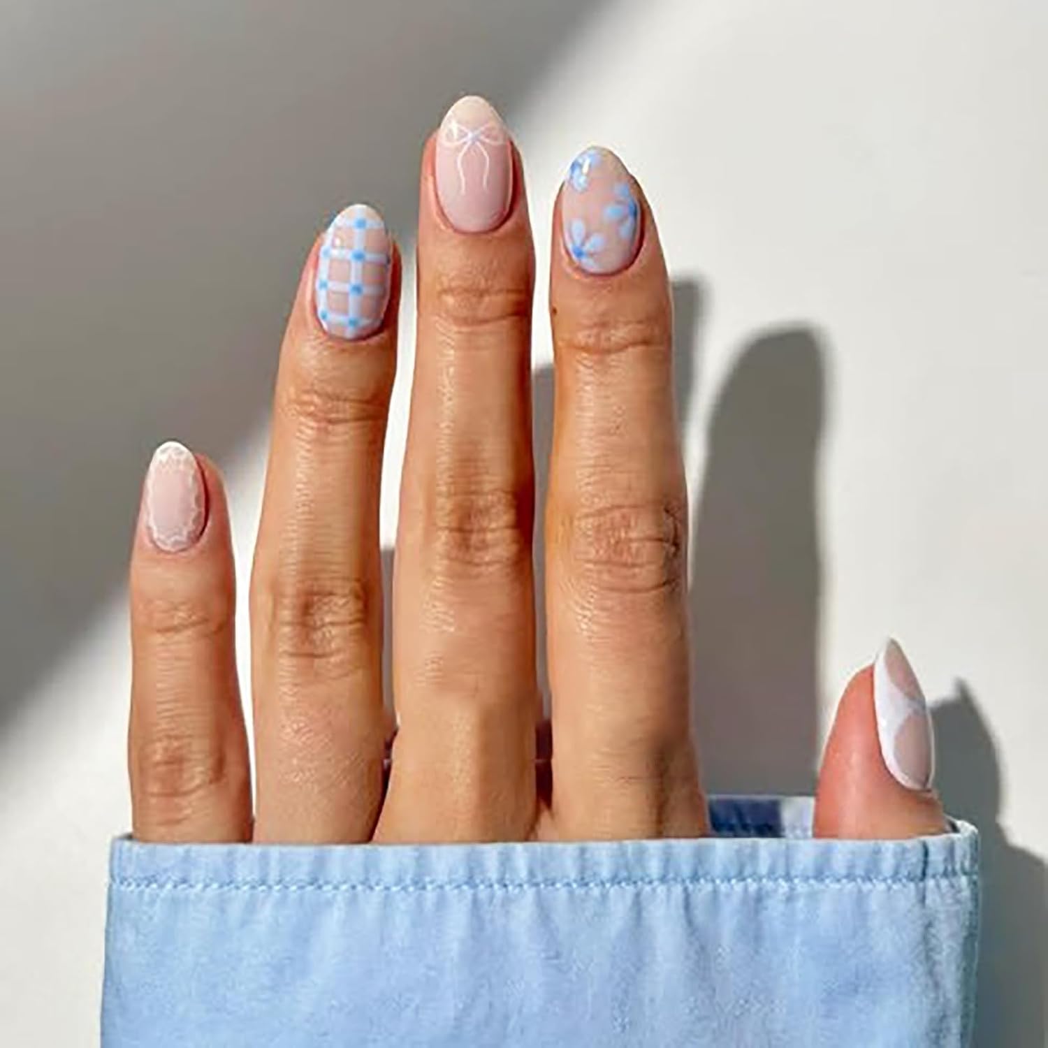 24Pcs Colorful Flower Press-On Nails - Short. Square. Fake. Spring-Summer Nail Art Set. Light Pink Acrylic. Full Cover Glossy False Nails for Women & Girls : Beauty & Personal Care