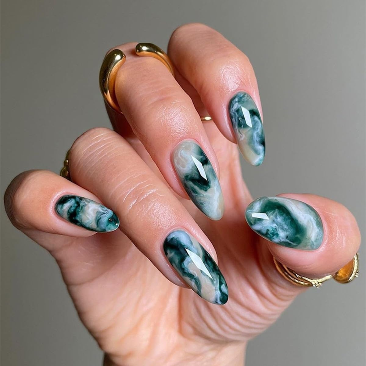 CTTHNBD Press on Nails Almond - French Tip Fake Nails with Gold Line Design - Medium Fasle Nails Press ons - for Women 24 Pcs : Beauty & Personal Care