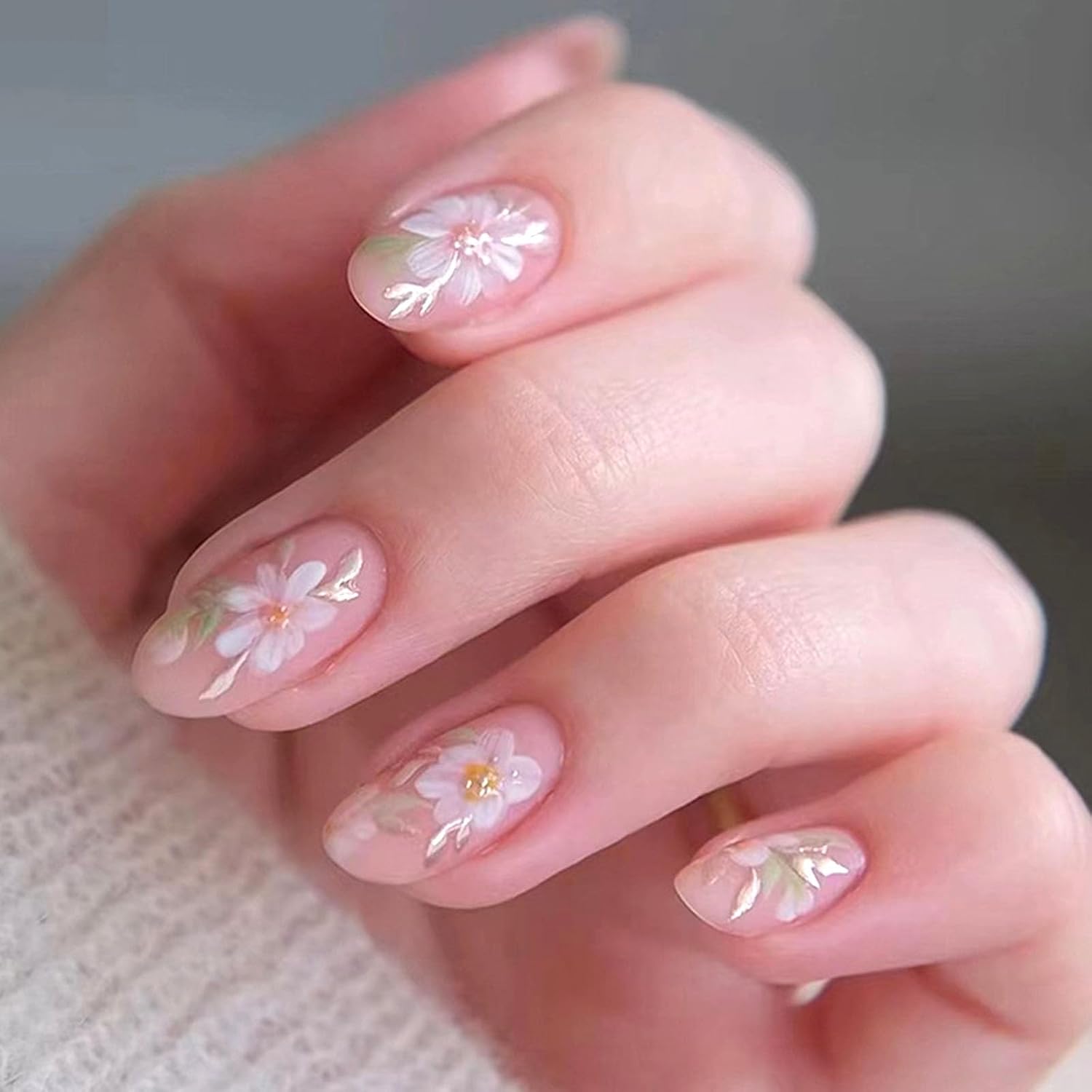 Short Press On Almond Fake Nails - Flower Acrylic Fall Nails Press Ons Full Cover Glue On Cute False Floral Stick On Nails for Women - 30 Pcs : Beauty & Personal Care