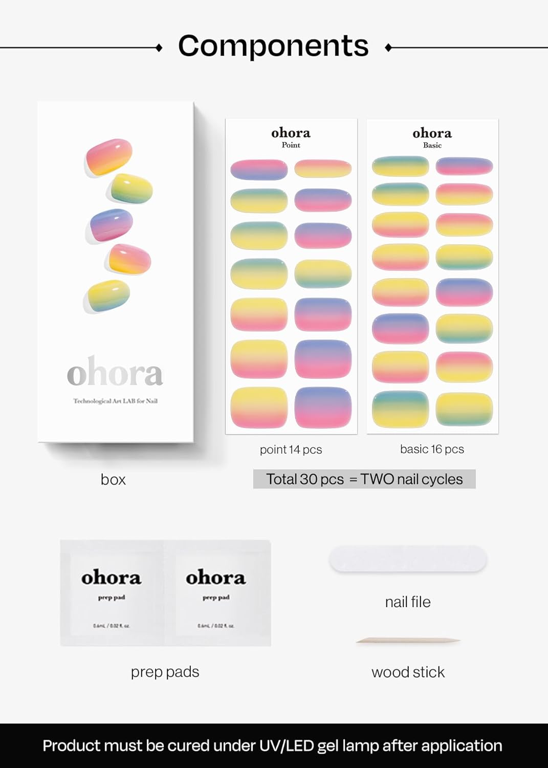 ohora Semi Cured Gel Nail Strips (N Pastel) - Yellow. Ombre. Works with Any UV/LED Lamps. Salon-Quality. Long Lasting. Easy to Apply & Remove - Includes 2 Prep Pads. Nail File & Wooden Stick : Beauty & Personal Care