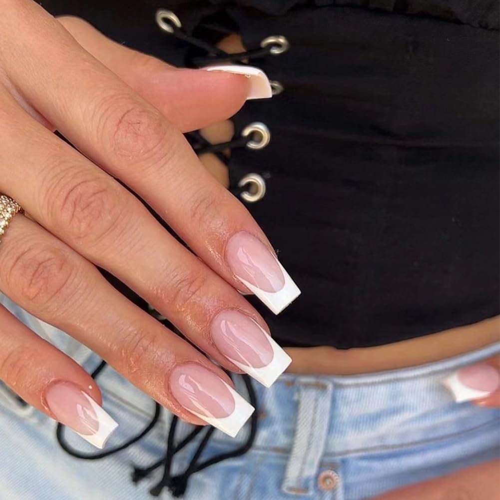WAFOLOZE Nails Press ons.White Ombre Short Square Press on Nails Fake Nails Glossy Acrylic Artificial Nails Stick on Nails for Women 24Pcs : Beauty & Personal Care
