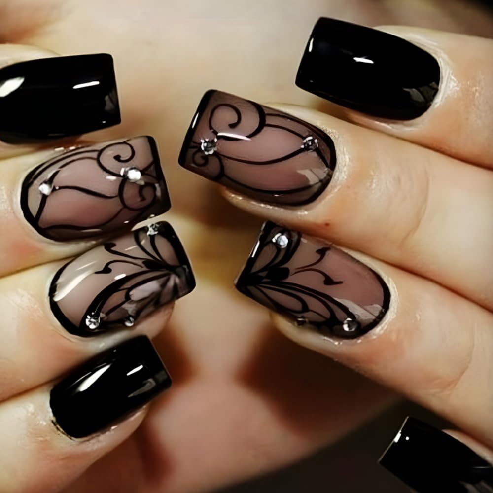 OHWODA Black Press on Nails Short Square Fake Nails Black Vine Acrylic Glue on Nails Full Cover Glossy Nails Press ons Short Stick on Nails Summer Artificial Nails for Women Girls - 24Pcs : Beauty & Personal Care
