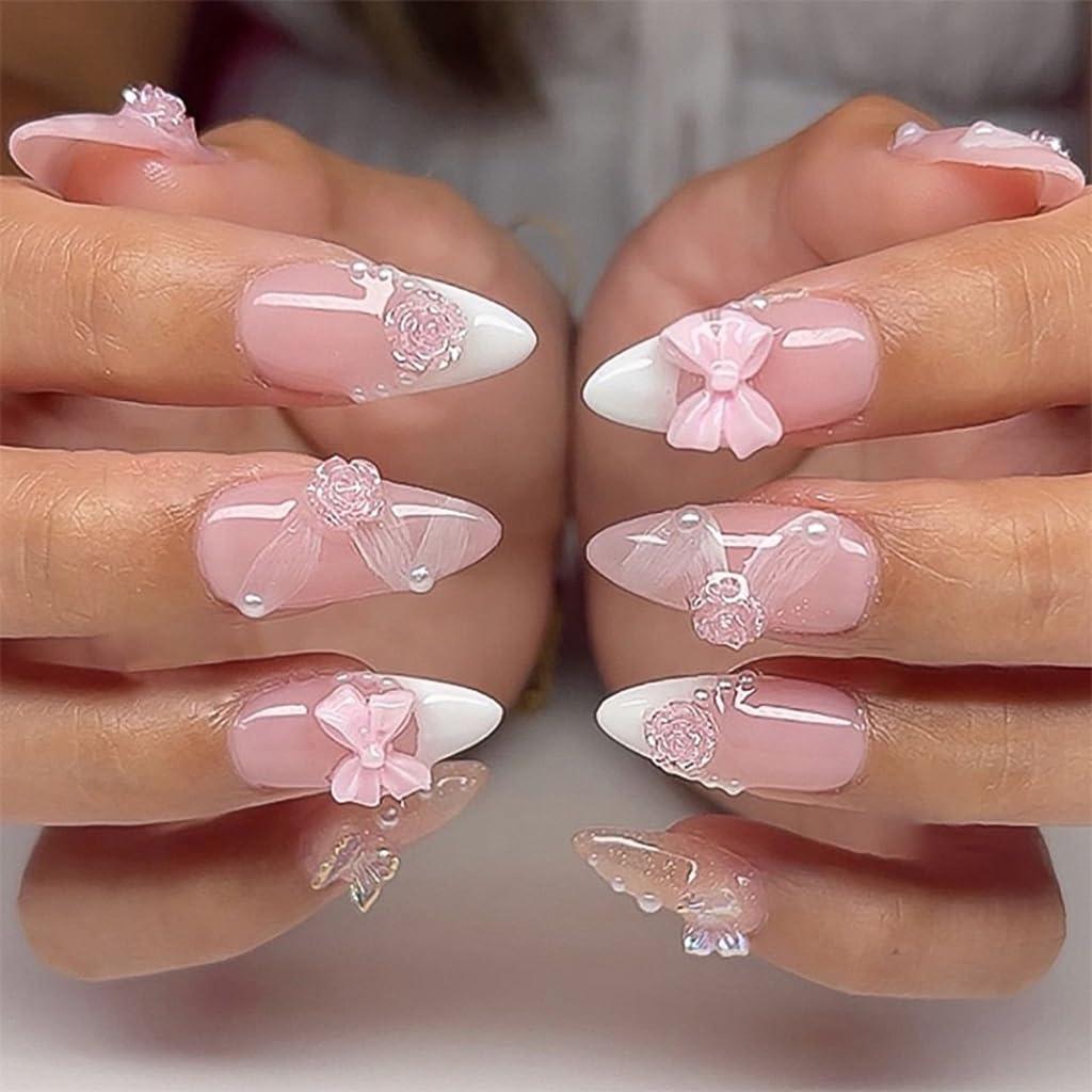 CTTHNBD Press on Nails Almond - French Tip Fake Nails with Gold Line Design - Medium Fasle Nails Press ons - for Women 24 Pcs : Beauty & Personal Care
