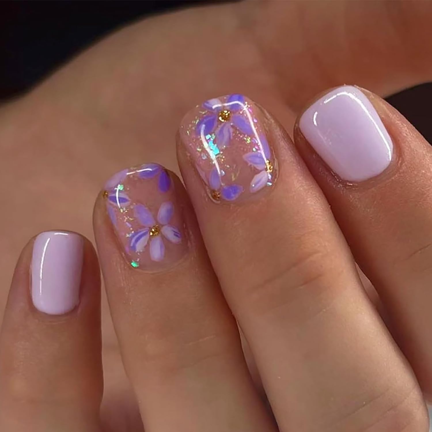 24Pcs Colorful Flower Press-On Nails - Short. Square. Fake. Spring-Summer Nail Art Set. Light Pink Acrylic. Full Cover Glossy False Nails for Women & Girls : Beauty & Personal Care