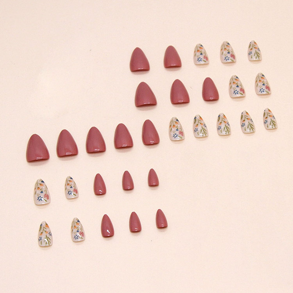 Short Press On Almond Fake Nails - Flower Acrylic Fall Nails Press Ons Full Cover Glue On Cute False Floral Stick On Nails for Women - 30 Pcs : Beauty & Personal Care