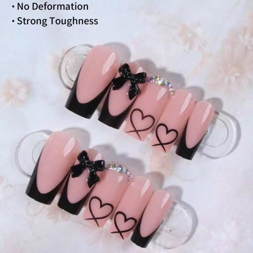 CTTHNBD Medium Press on Nails Coffin - Black French Tip Fake Nails with Bow Charms Design - Heart False Nails Press ons - for Women 24 Pcs : Beauty & Personal Care