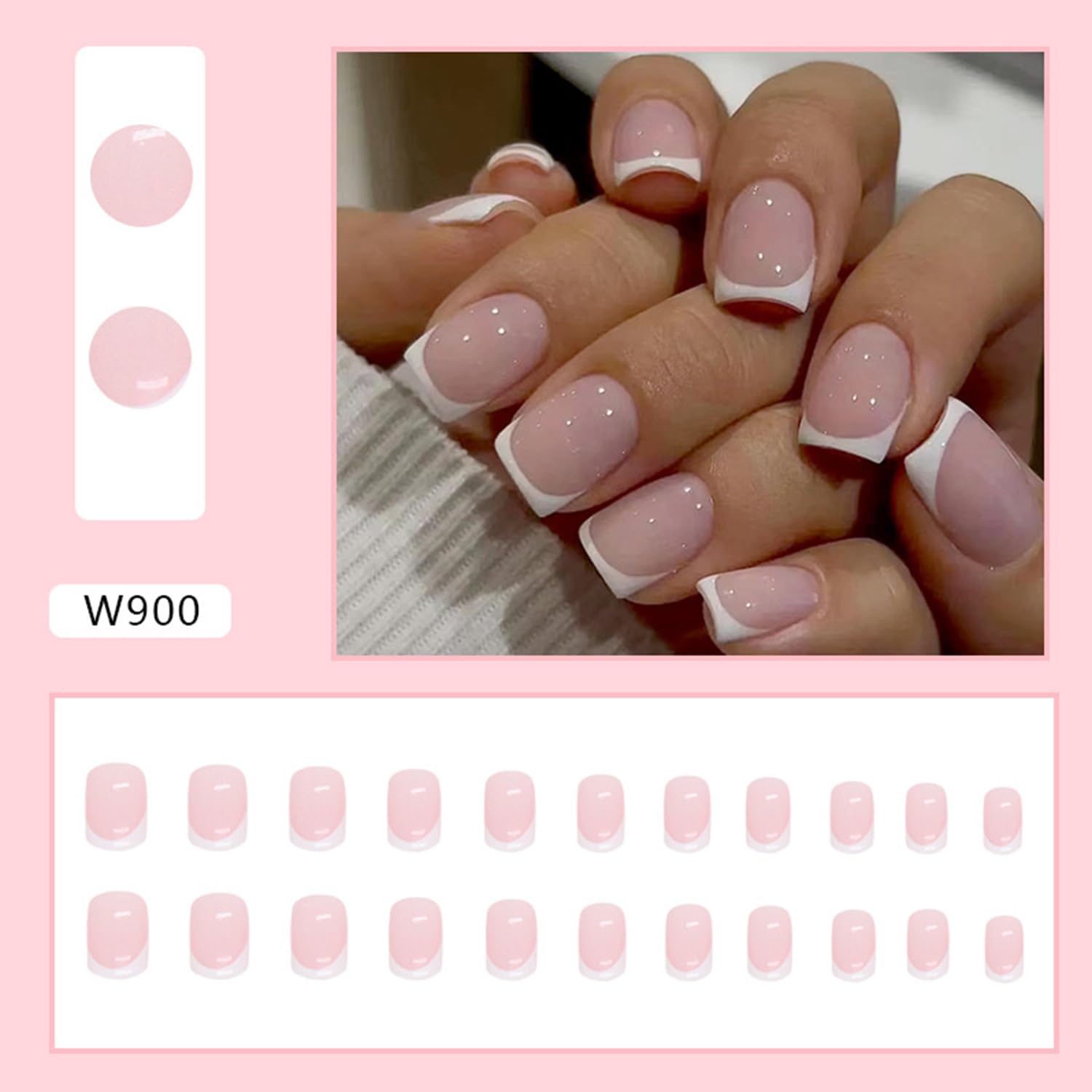 White French Tip Press on Nails Short Square Fake Nails Glossy Pink False Nails with Glue on Nails Reusable Full Cover Stick on Nails Acrylic Artificial Nails for Women DIY Nails Art Decoration : Beauty & Personal Care