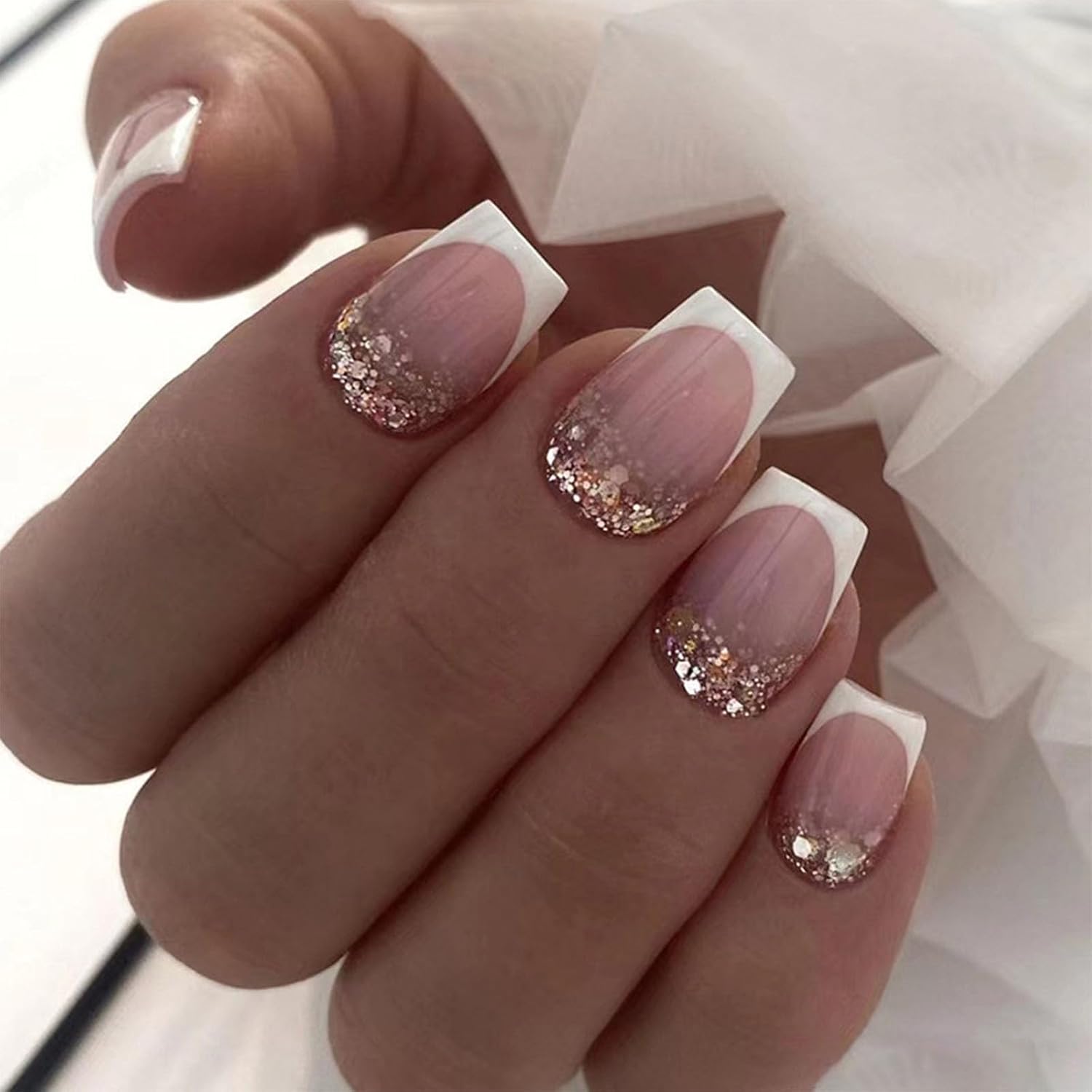 Short Press on Nails Square Nude Ombre Fake Nails Press ons White Glue Stick on Nails with Designs Full Cover Acrylic Glossy Artificial Cute False Nail for Women Girls 24 Pcs : Beauty & Personal Care