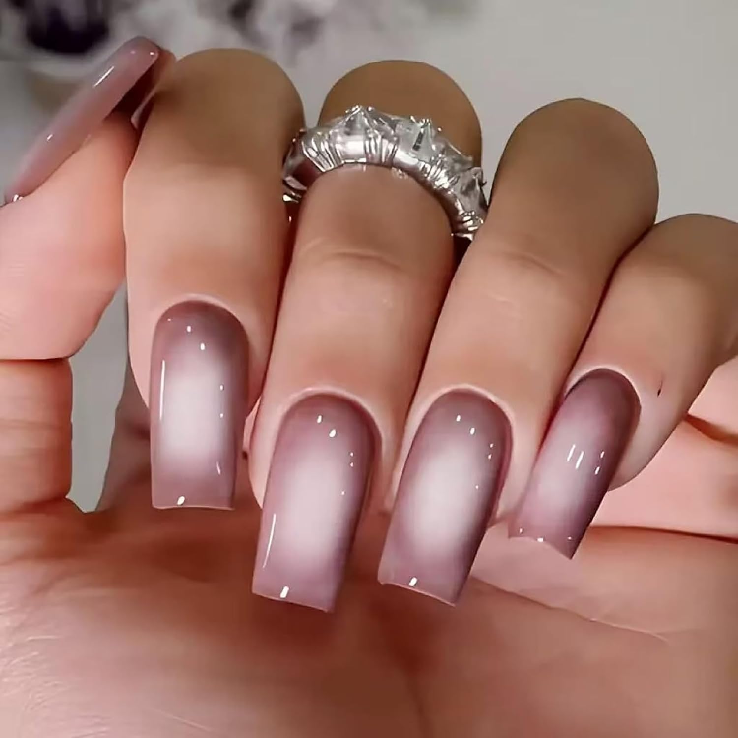 RUOKEXIN Heart Press On Nails Medium Square Fake Nails Glitter Glossy Acrylic False Nails with Rhinestones Designs Ombre Pink Full Cover Press Ons Fall Winter Holiday Stick on Nails for Women 24Pcs : Beauty & Personal Care