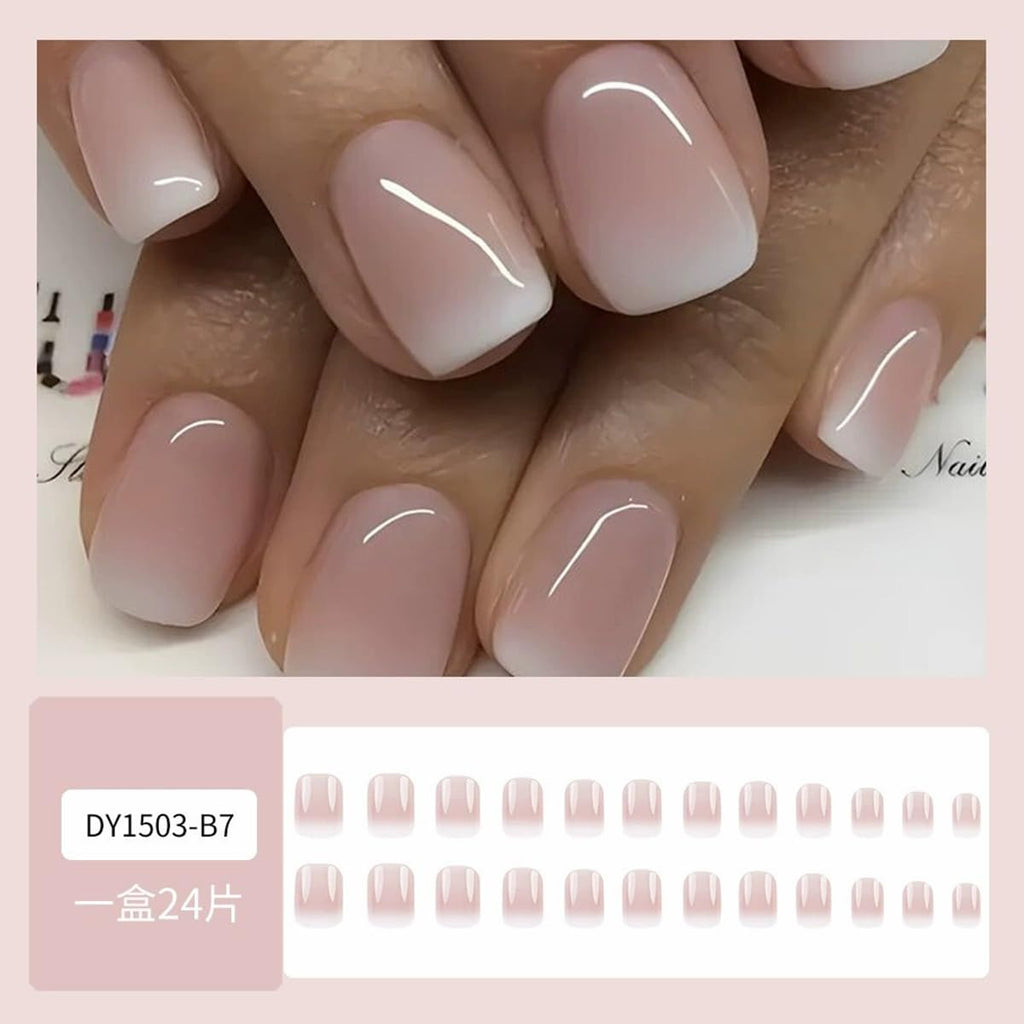 Short Square Press on Nails French Fake Nails Ombre Acrylic Nails Press on Full Cover Glossy False Nails Artificial Stick on Nail for Women Manicure Decoration 24PCS : Beauty & Personal Care