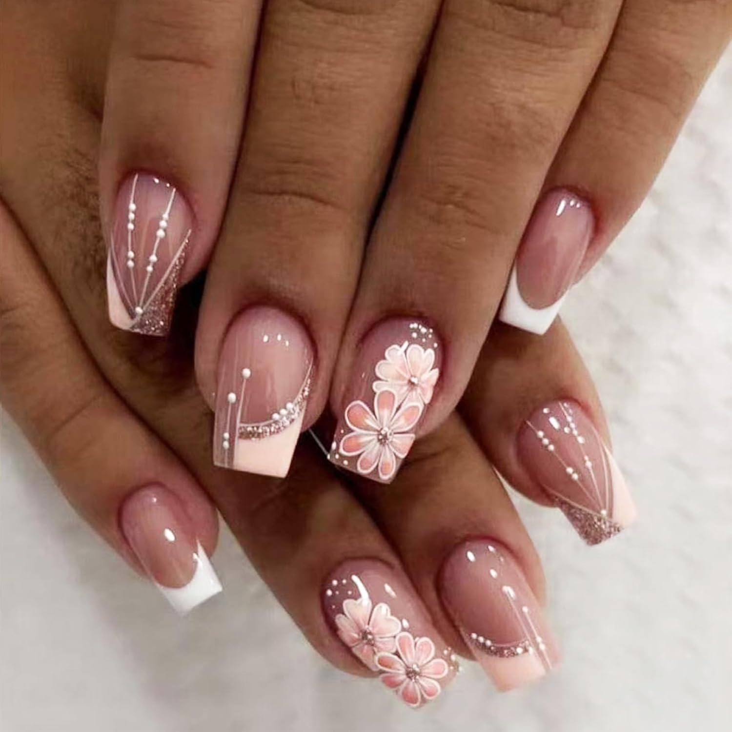 24Pcs Gold Curve Line Press on Nails Sea Acrylic Fake Nail Glossy Blue Gradient Medium Square False Nails Love Heart Stick on Fingernails Seaweed Gel Glue on Nail for Coquette Women Girls : Beauty & Personal Care