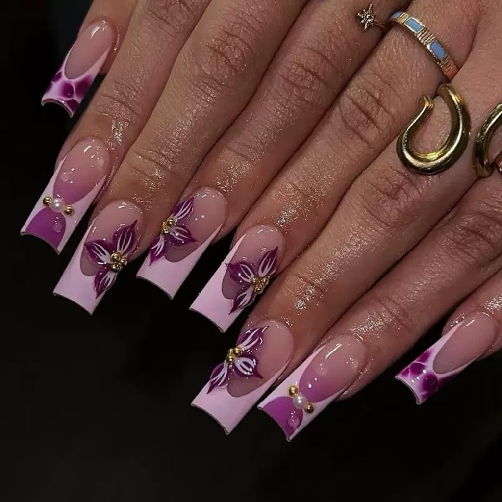 CTTHNBD Medium Press on Nails Coffin - Black French Tip Fake Nails with Bow Charms Design - Heart False Nails Press ons - for Women 24 Pcs : Beauty & Personal Care