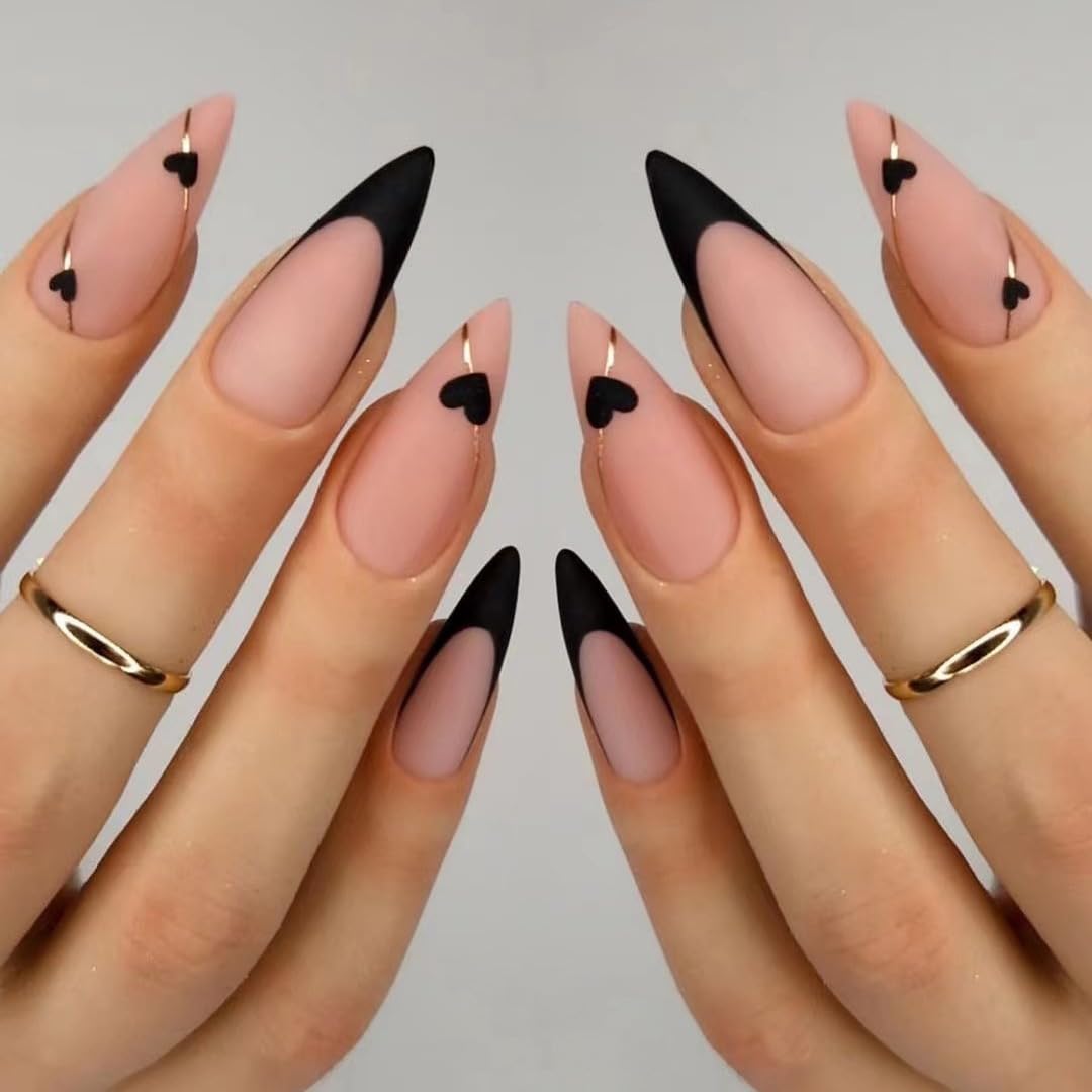 CTTHNBD Press on Nails Almond - French Tip Fake Nails with Gold Line Design - Medium Fasle Nails Press ons - for Women 24 Pcs : Beauty & Personal Care