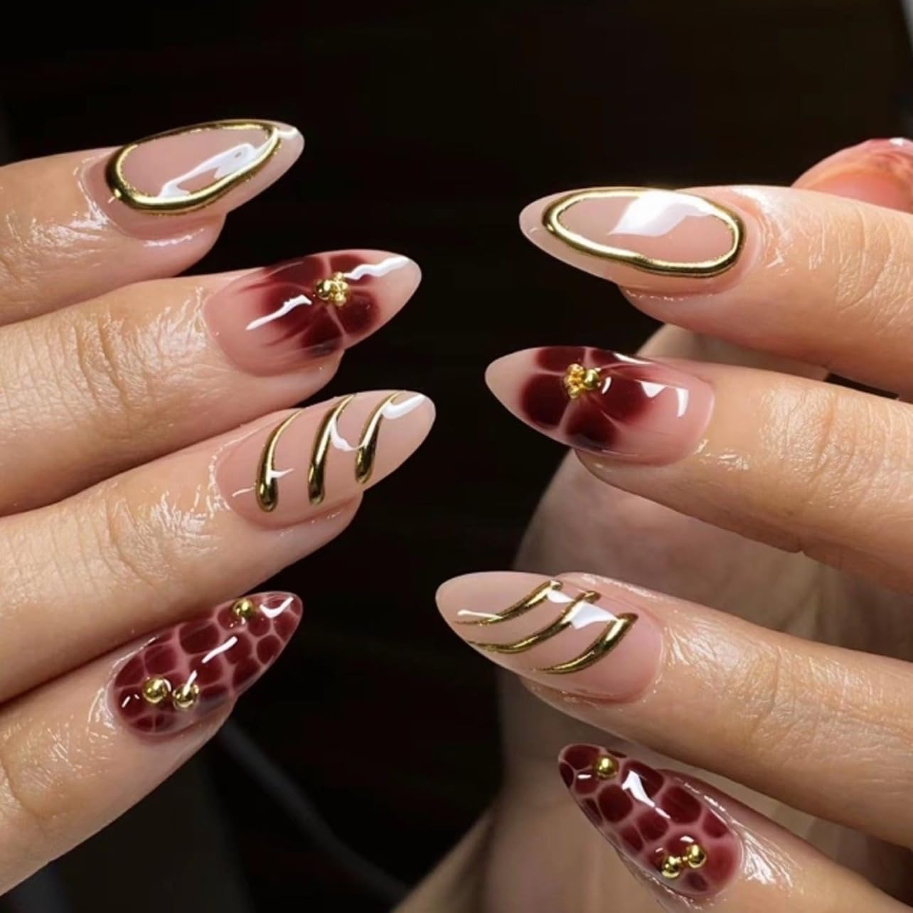 CTTHNBD Press on Nails Almond - French Tip Fake Nails with Gold Line Design - Medium Fasle Nails Press ons - for Women 24 Pcs : Beauty & Personal Care