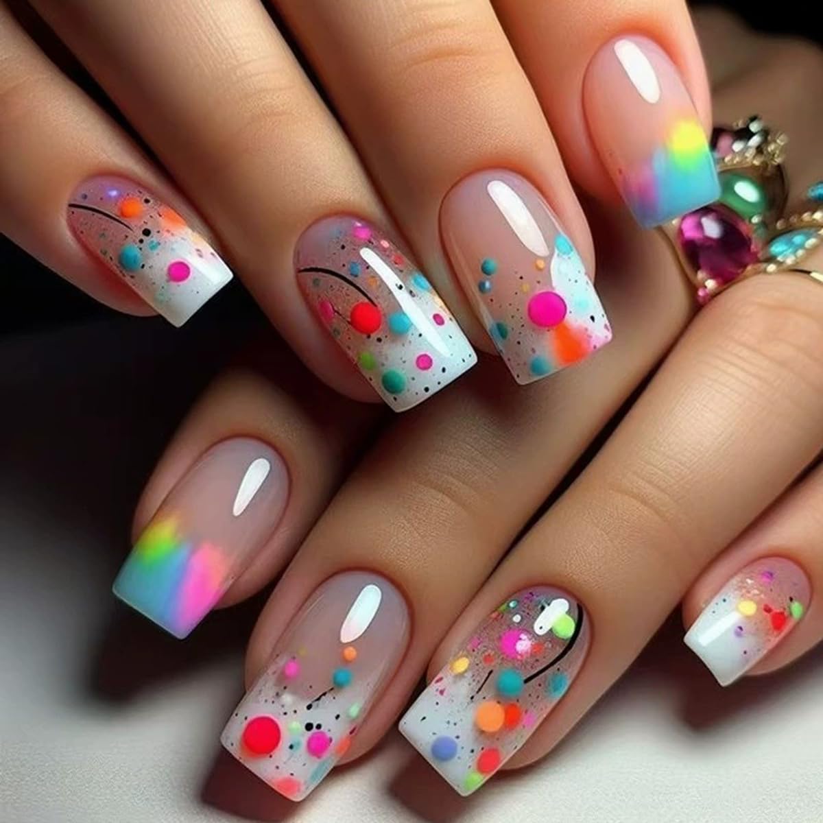 Short Square Press on Nails French Fake Nails Ombre Acrylic Nails Press on Full Cover Glossy False Nails Artificial Stick on Nail for Women Manicure Decoration 24PCS : Beauty & Personal Care