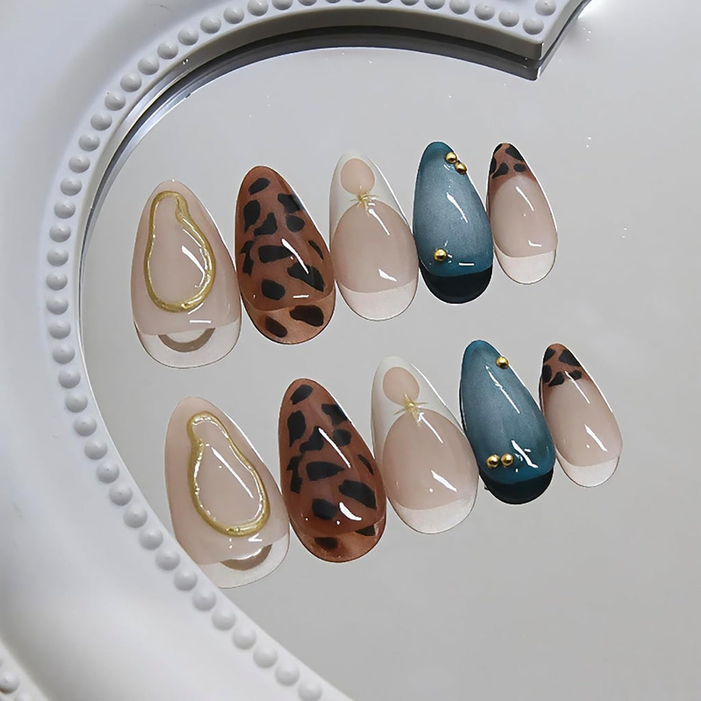 24Pcs Medium Almond Press on Nails French Tip Fake Nails with Brown Leopard Gold Line Design Glossy Reusable False Nail Artificial Acrylic Nails Press ons Holiday Stick on Nails for Women DIY Manicure : Beauty & Personal Care
