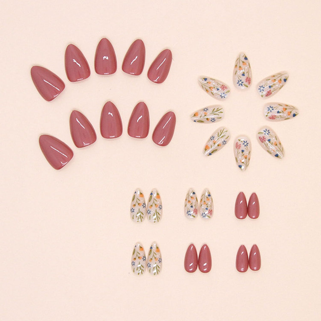 Short Press On Almond Fake Nails - Flower Acrylic Fall Nails Press Ons Full Cover Glue On Cute False Floral Stick On Nails for Women - 30 Pcs : Beauty & Personal Care
