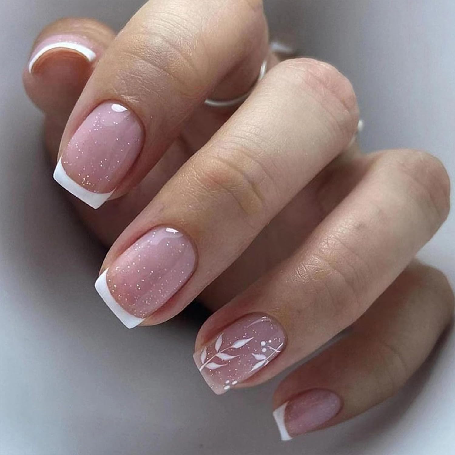 Short Press on Nails Square Nude Ombre Fake Nails Press ons White Glue Stick on Nails with Designs Full Cover Acrylic Glossy Artificial Cute False Nail for Women Girls 24 Pcs : Beauty & Personal Care