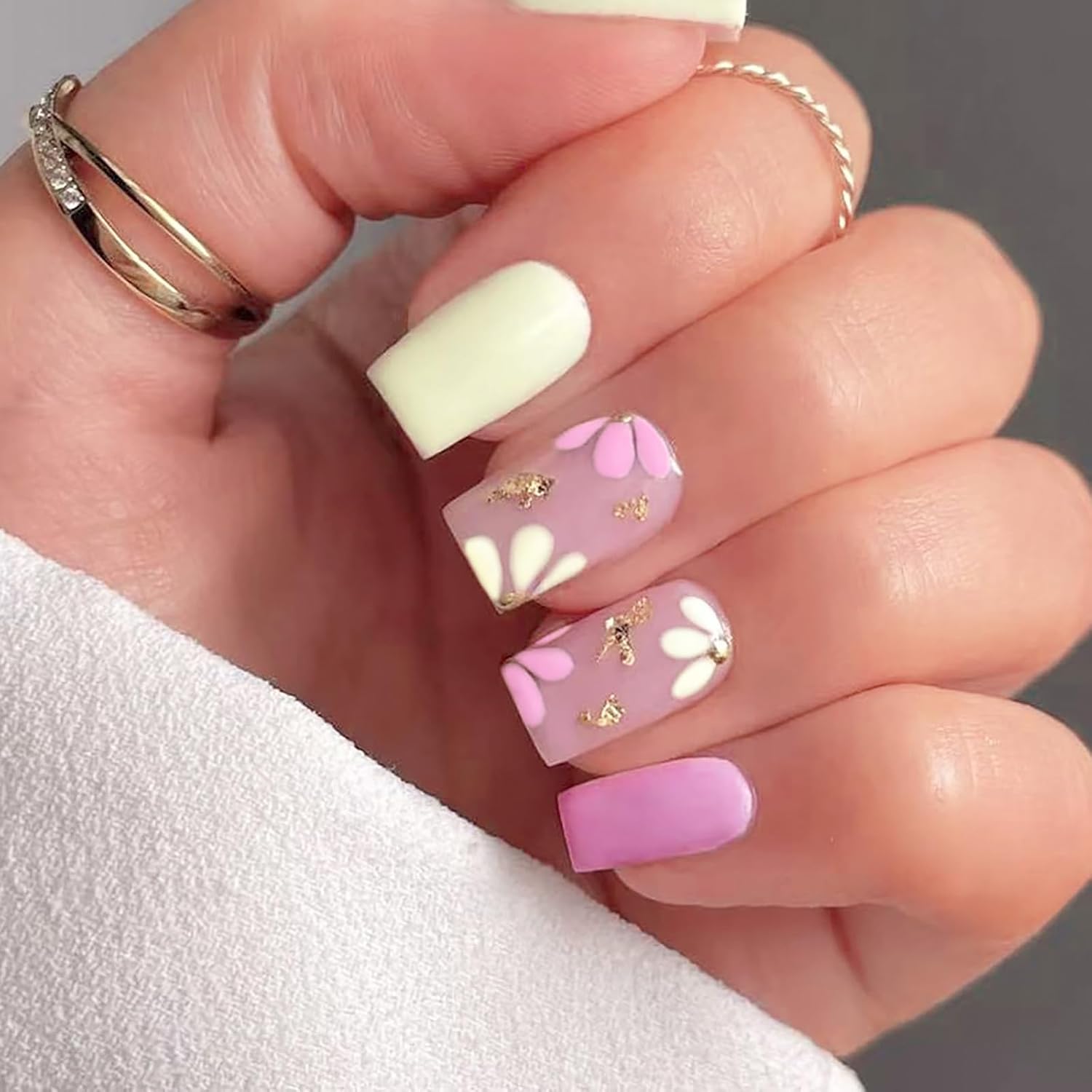 24Pcs Colorful Flower Press-On Nails - Short. Square. Fake. Spring-Summer Nail Art Set. Light Pink Acrylic. Full Cover Glossy False Nails for Women & Girls : Beauty & Personal Care