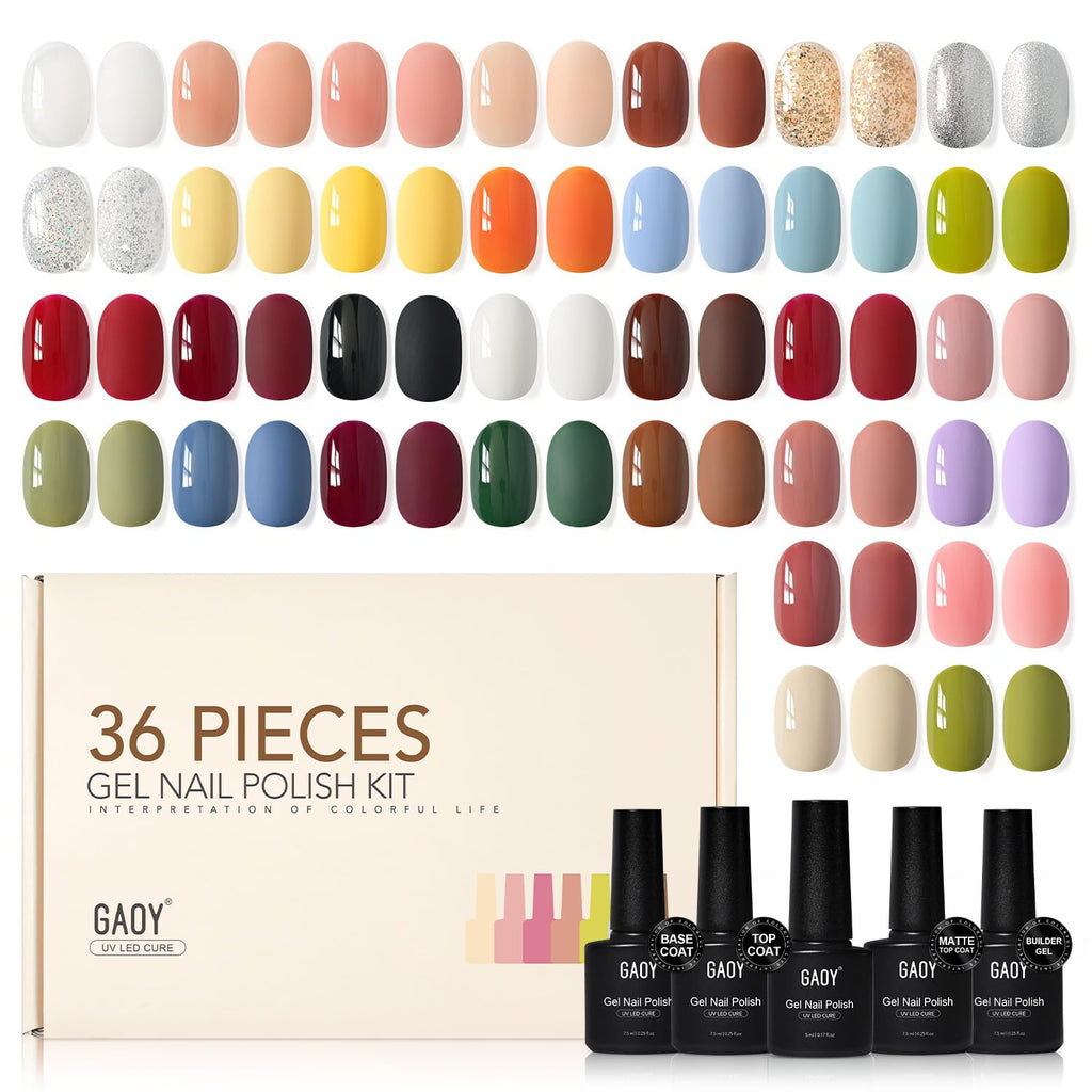 GAOY 36 Pcs Gel Nail Polish Set. 32 Colors All Season Gel Polish Kit Red Black White Nude Glitter with 4 Pcs Soak off Base Glossy Matte Top Coat & Builder for Nail Art DIY Manicure at Home : Beauty & Personal Care