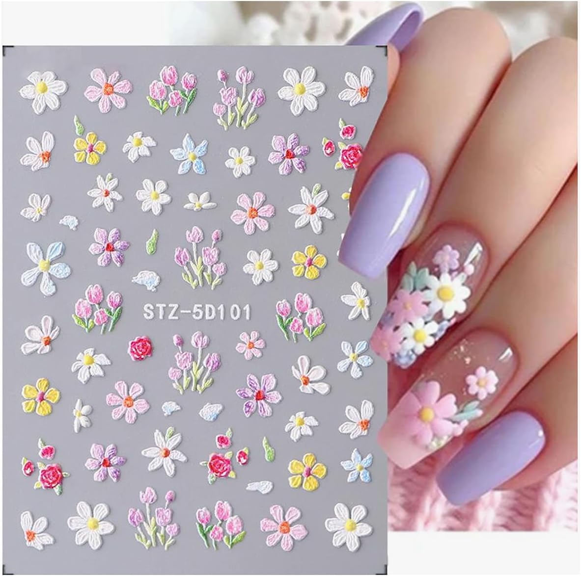 JMEOWIO 3D Embossed Flower Nail Art Stickers Decals Self-Adhesive 5D Spring Summer Floral Nail Supplies Nail Art Design Decoration Accessories 4 Sheets : Beauty & Personal Care