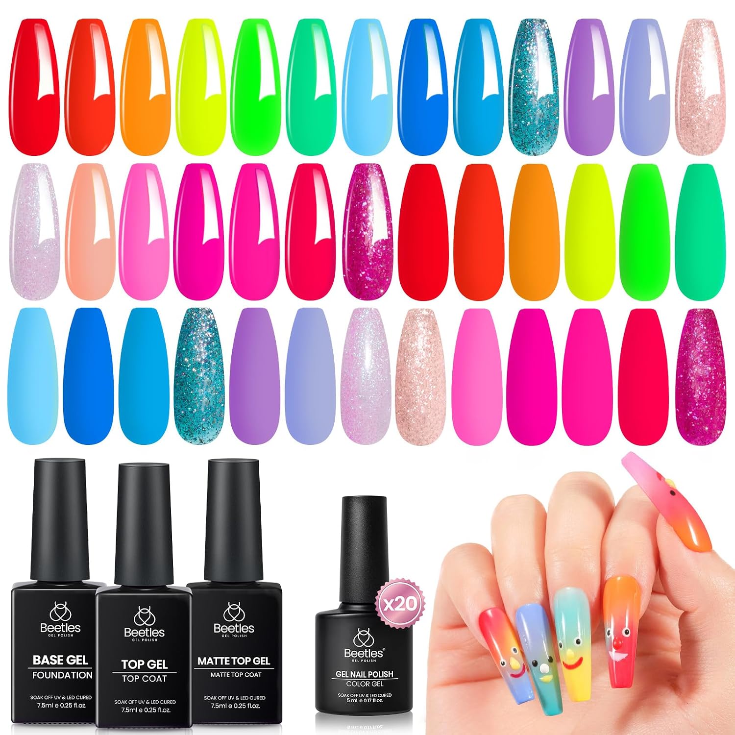 Beetles Summer Gel Polish Set - Rustic Sonata 25 Colors Yellow Orange Blue Pink Bright Gel Polish with Base Coat Glossy & Matte Top Coat DIY Salon Soak Off UV Led Nails 4th of July : Beauty & Personal Care