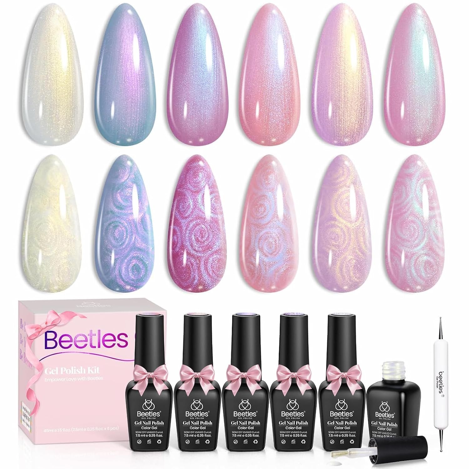 Beetles Pearl Gel Nail Polish. 6 Colors Shimmer White Pink Purple Mermaid Nail Drawing Gel. Soak Off UV Gel Polish Swirl Shell Thread Effect DIY Manicure Nail Art Gifts for Women : Beauty & Personal Care