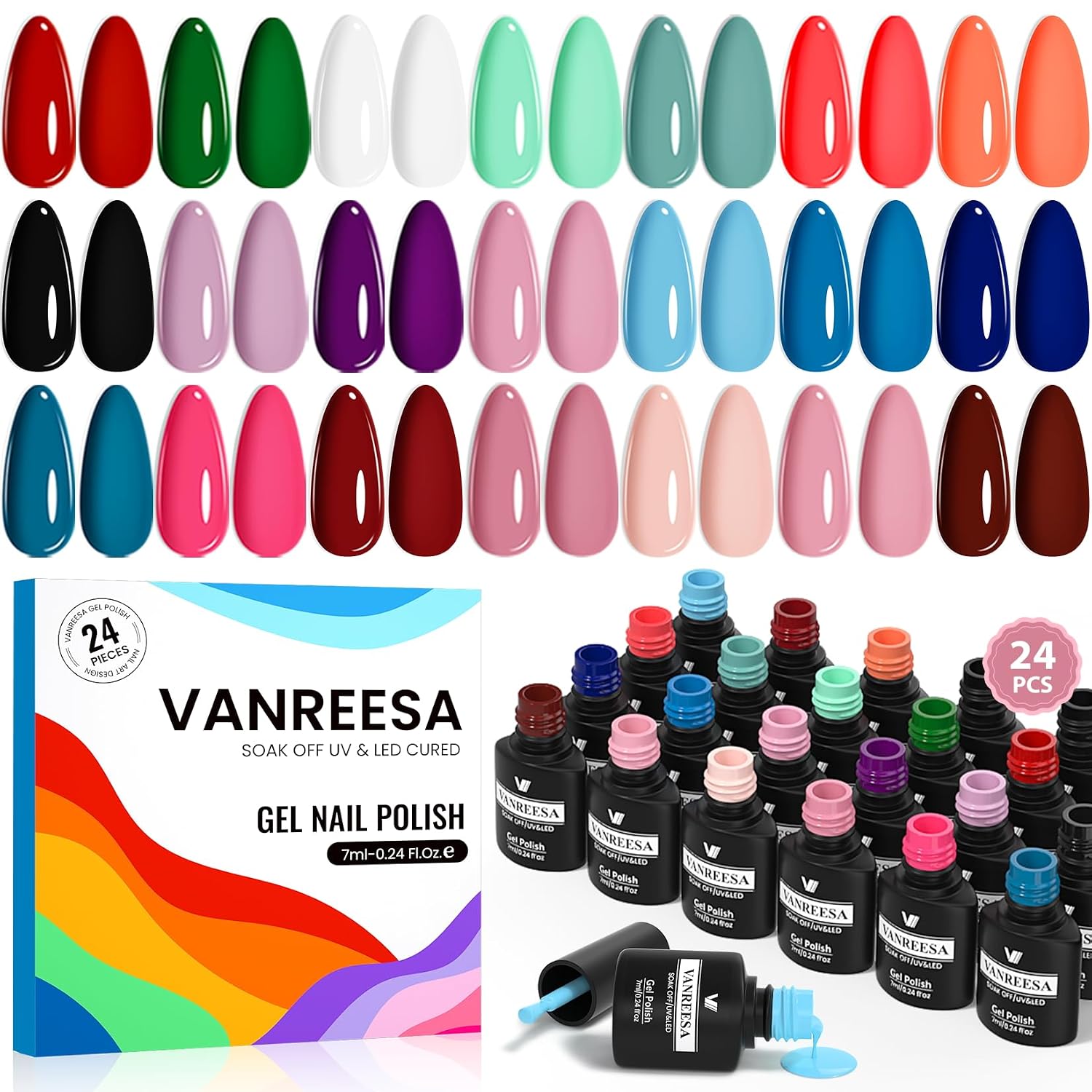 VANREESA 24 Pcs Pastel Gel Nail Polish Set. 21 Colors Spring & Summer Gel Polish with Base Coat Glossy & Matte Top Coat Yellow Green Blue Pink Purple Orange Gel Polish Kit Nail Kit Gifts for Women : Beauty & Personal Care