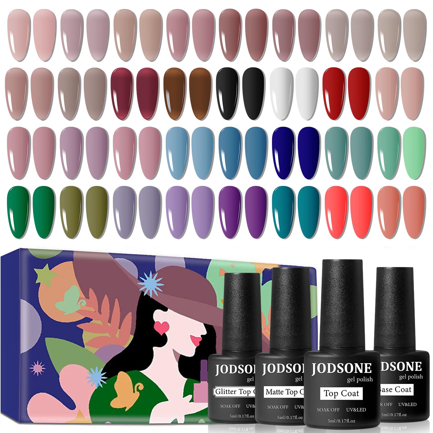 JODSONE Gel Nail Polish Kit 60 PCS with U V Light Soak off Base Top Coat 55 Shine Colors Gel Nail Kit Bright and Dark Brown Wine Red Series Manicure Set for Women and Girls : Beauty & Personal Care