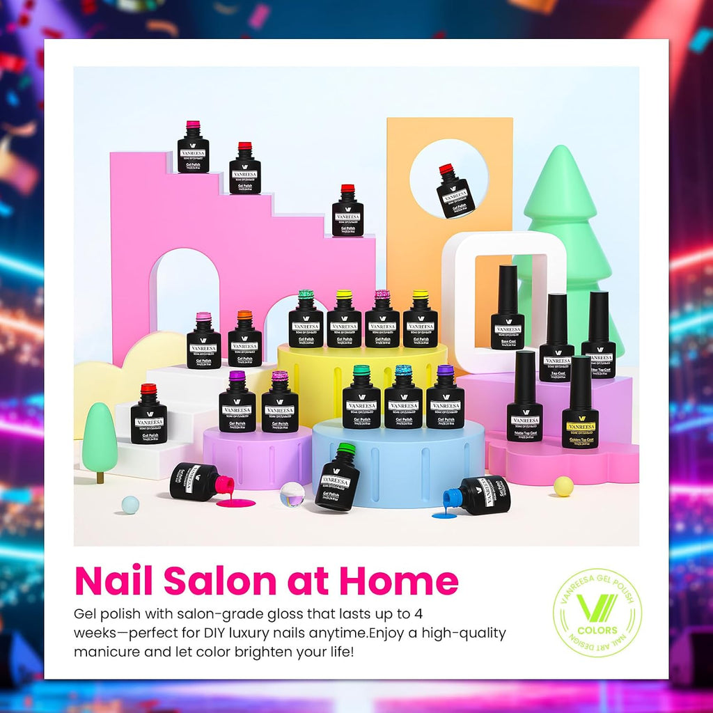 VANREESA 24 Pcs Neon Gel Nail Polish Set -Bright Summer Colors Gel Polish with Base Coat & 4 Effects of Top Coat Bright Yellow Orange Pink Red Green Blue Purple Gel Polish Set Nail Kit Gifts for Women : Beauty & Personal Care