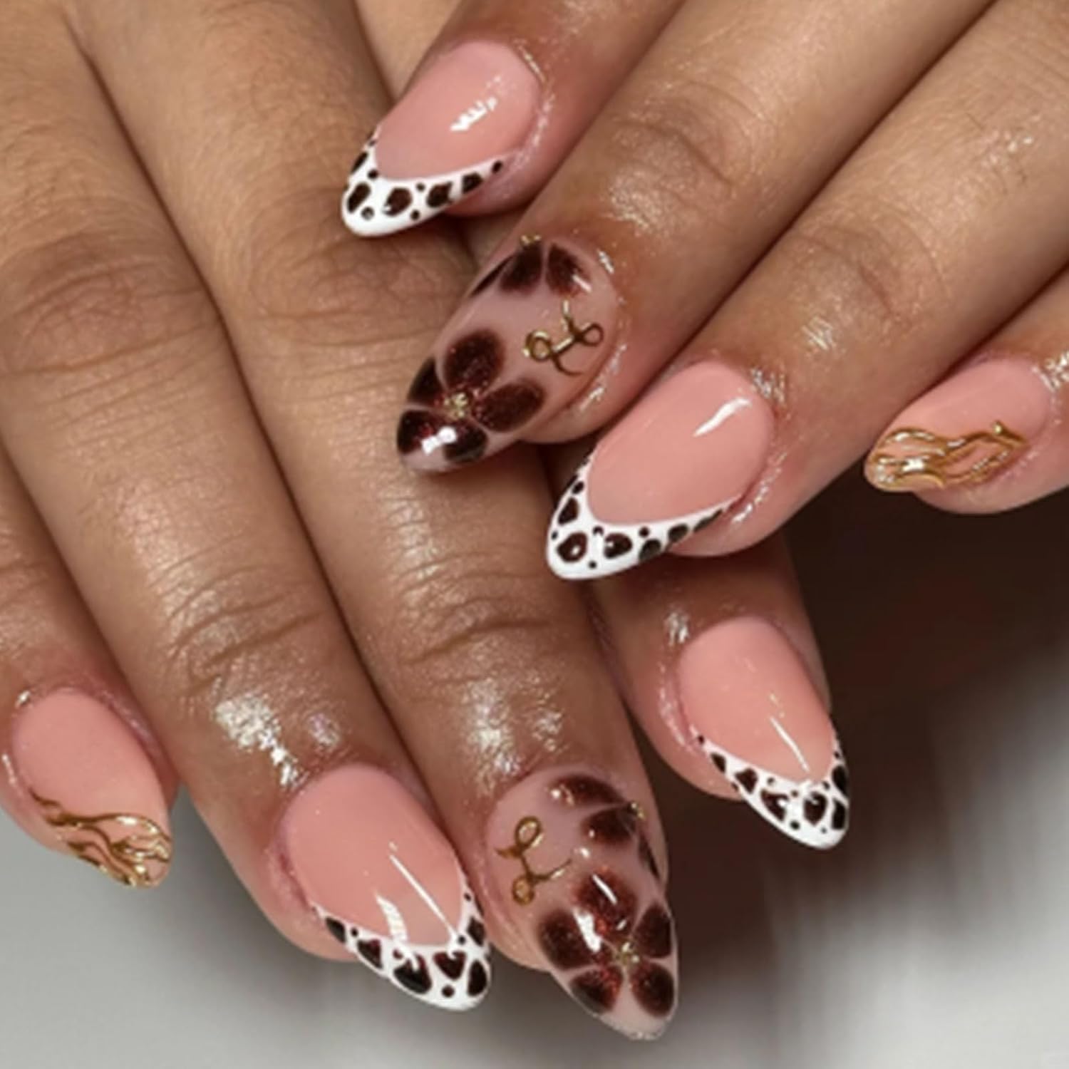 Short Press On Almond Fake Nails - Flower Acrylic Fall Nails Press Ons Full Cover Glue On Cute False Floral Stick On Nails for Women - 30 Pcs : Beauty & Personal Care