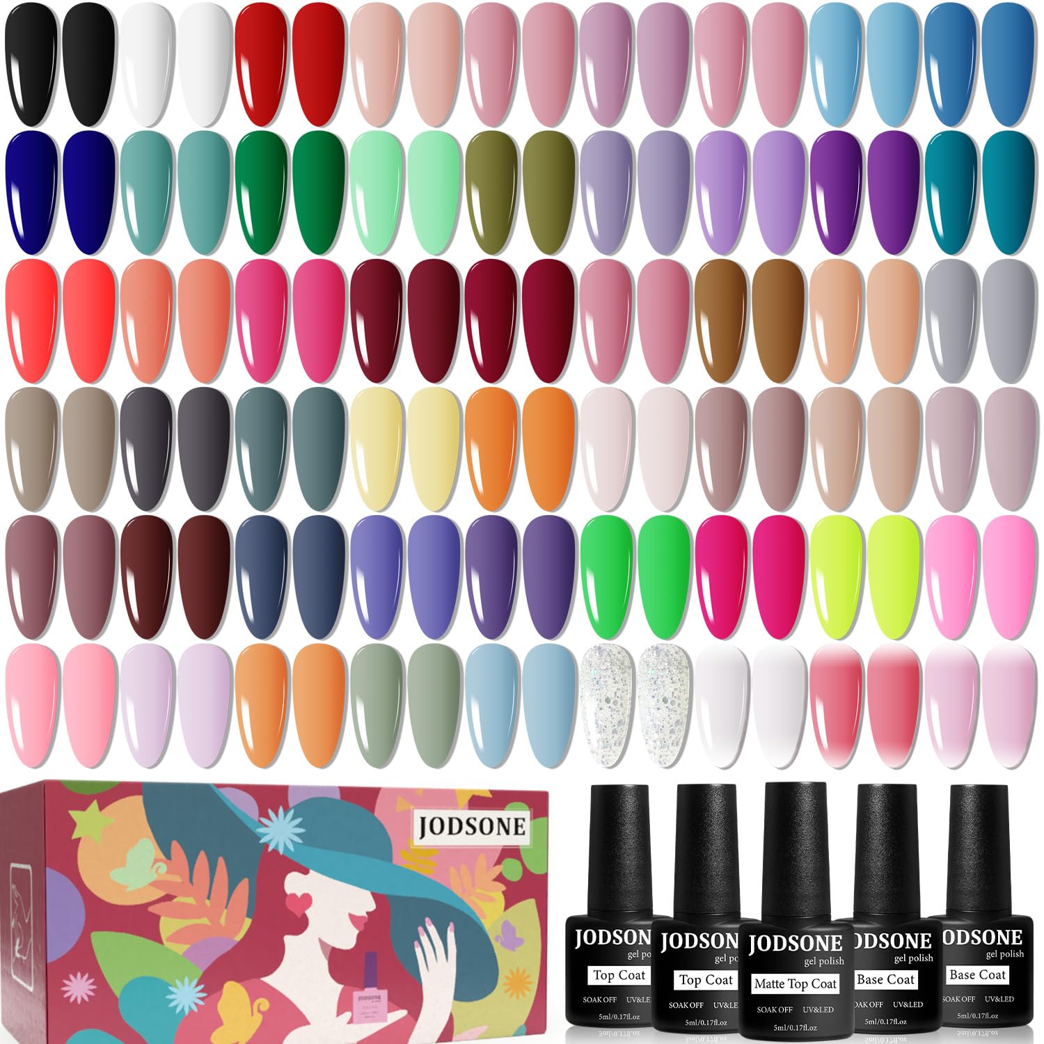 JODSONE 60 PCS Gel Nail Polish Set with 5 Bottles of Base and Glossy Matte Top Coat Soak off Gel Nail Set Suitable for All Seasons Gifts : Beauty & Personal Care