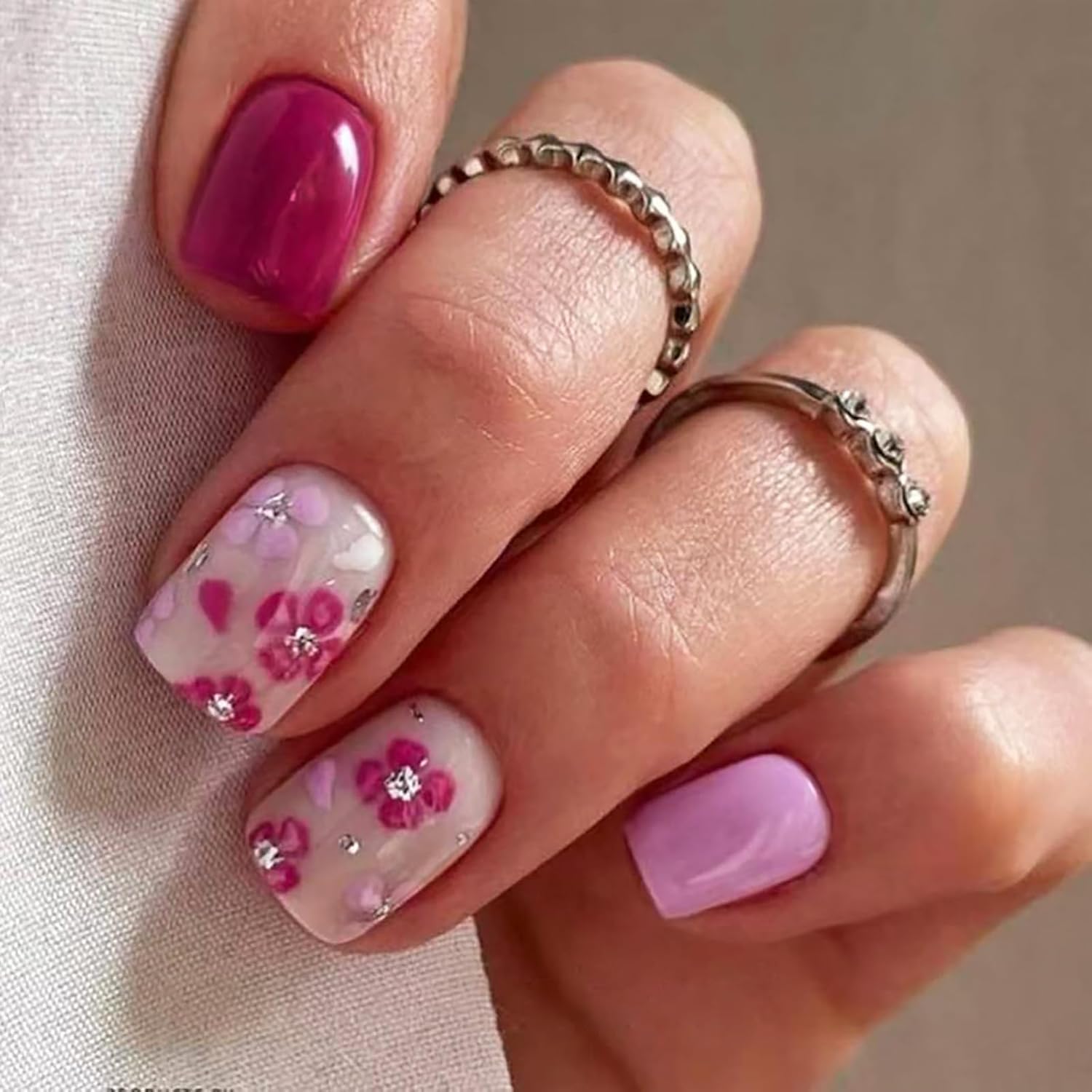 24Pcs Colorful Flower Press-On Nails - Short. Square. Fake. Spring-Summer Nail Art Set. Light Pink Acrylic. Full Cover Glossy False Nails for Women & Girls : Beauty & Personal Care