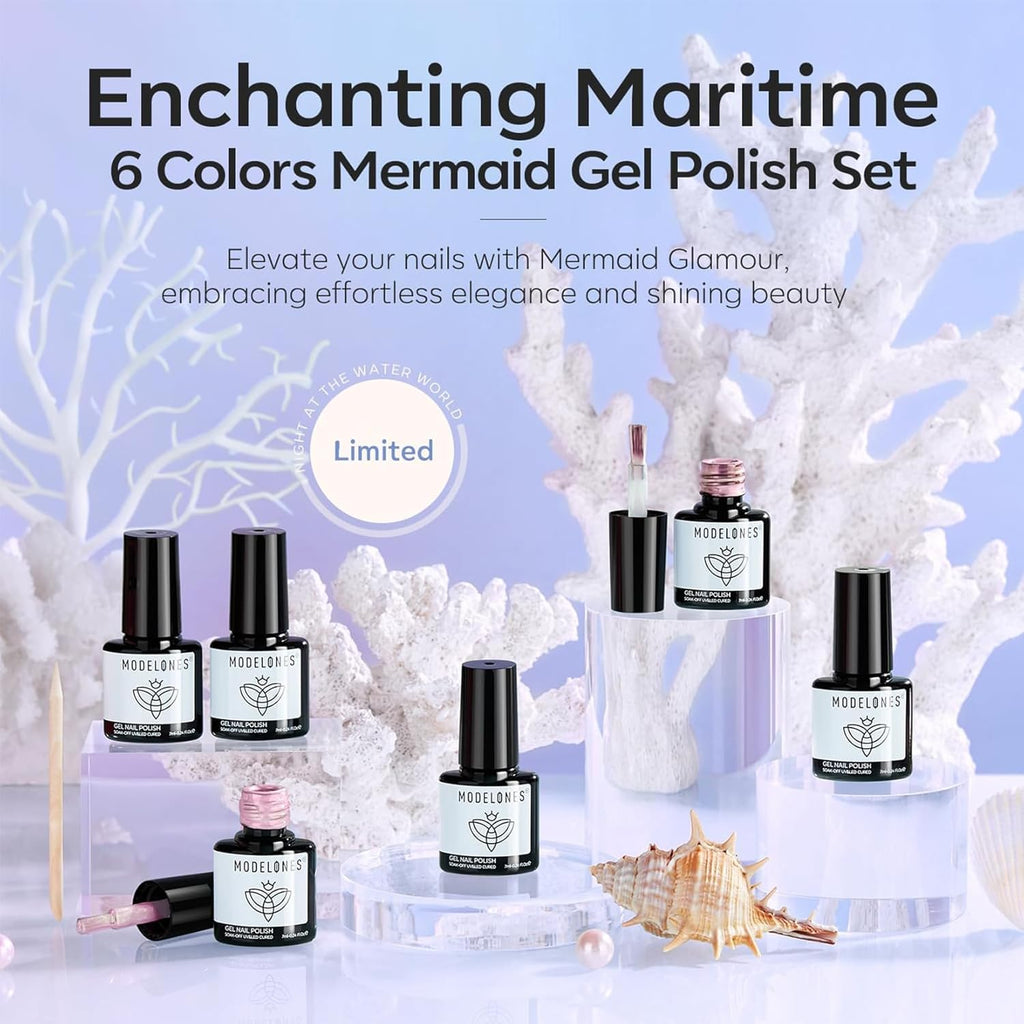 modelones Pearl Gel Nail Polish Set. 6 Colors 2026 Spring Summer Aurora Iridescent Shimmer White Pink Purple Blue Mermaid Nail Glitter Gel Polish LED Swirl Shell Effect with Dotting Pen DIY Gift : Beauty & Personal Care