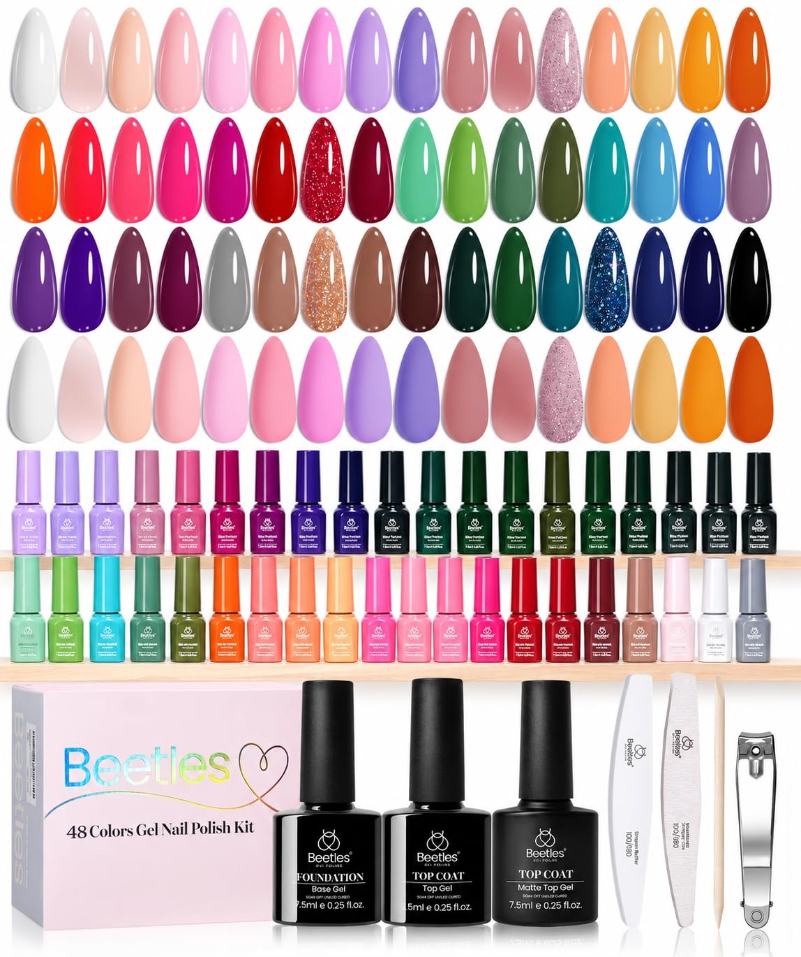 Beetles 44pcs Gel Nail Polish Set - 36 Colors Colorful Muse Gel Polish Kit Pink Nude Red Yellow Green Black White Glitter Nail Kit Base Top Coat UV LED Needed Salon DIY Home Gift for Women : Beauty & Personal Care