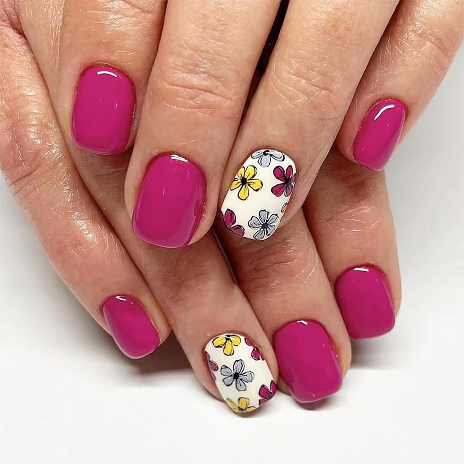 24Pcs Colorful Flower Press-On Nails - Short. Square. Fake. Spring-Summer Nail Art Set. Light Pink Acrylic. Full Cover Glossy False Nails for Women & Girls : Beauty & Personal Care