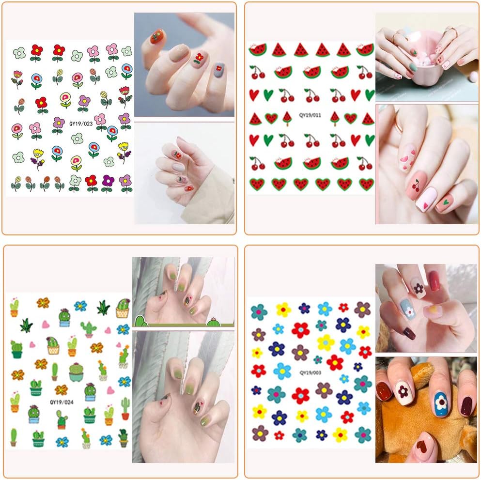 Nail Stickers for Women and Little Girls - 12 Sheets 3D Self-Adhesive DIY Nail Art Decoration Set Including Flowers Leaves Animals Plants Fruits Nail Decals for Woman Kids Girls : Beauty & Personal Care
