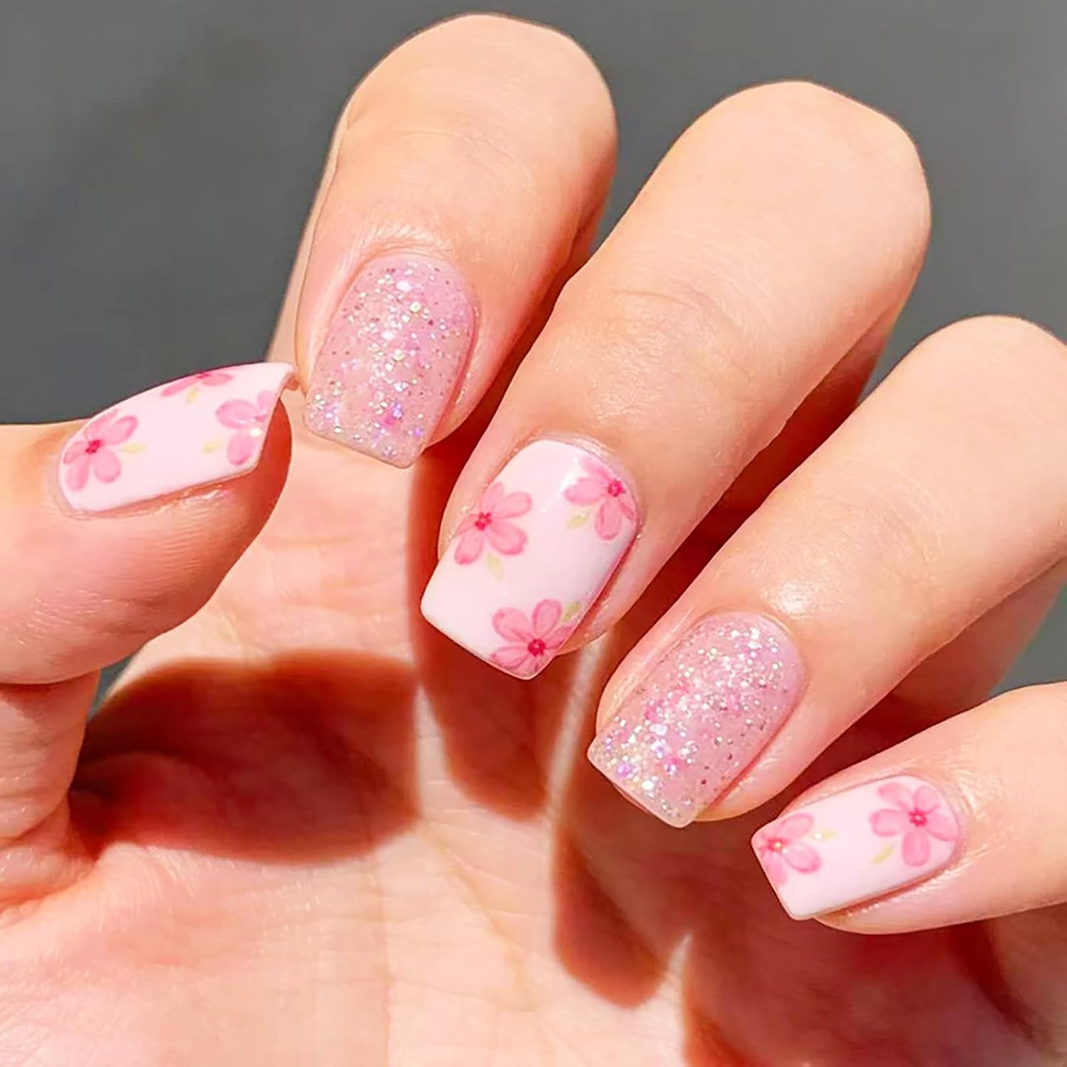 24Pcs Colorful Flower Press-On Nails - Short. Square. Fake. Spring-Summer Nail Art Set. Light Pink Acrylic. Full Cover Glossy False Nails for Women & Girls : Beauty & Personal Care