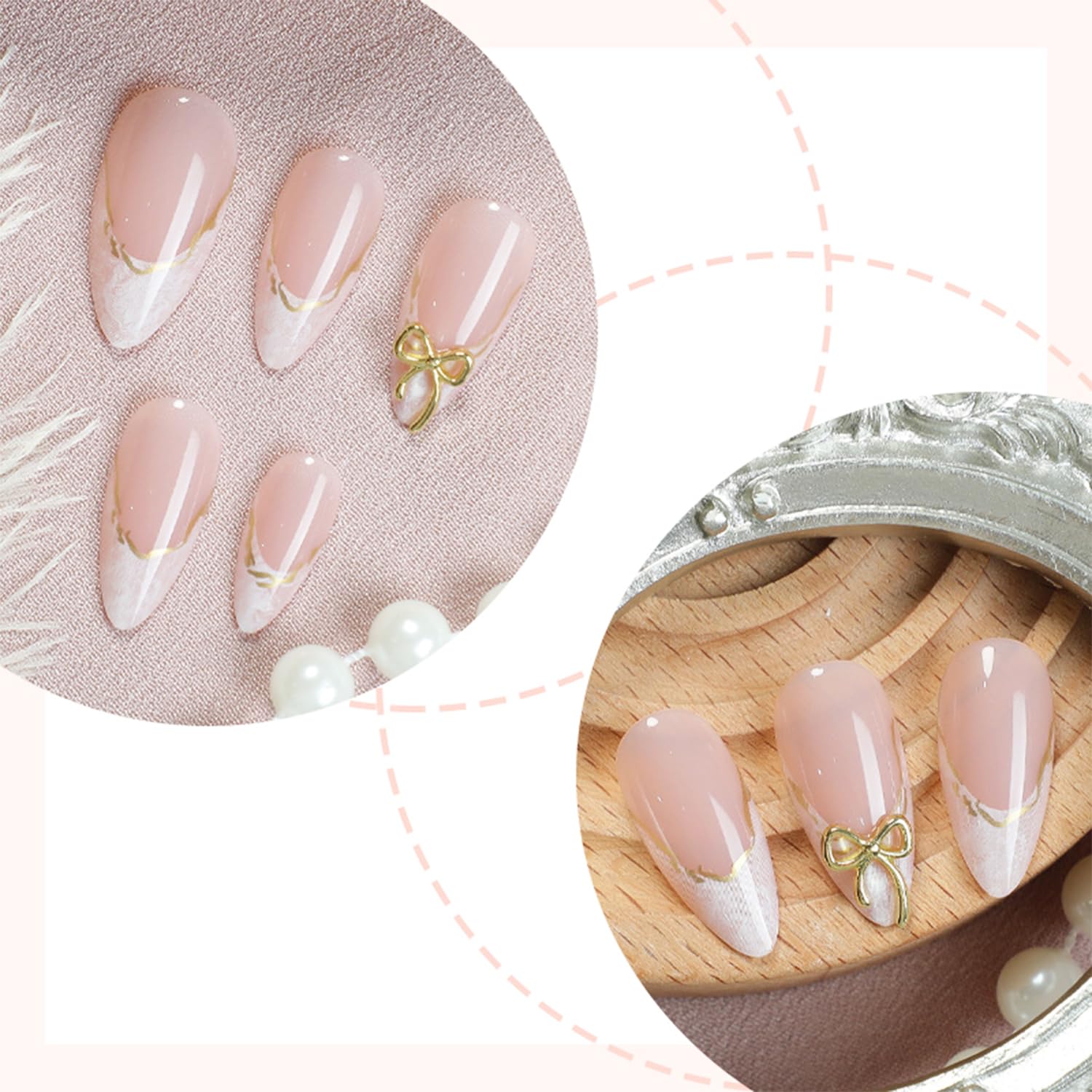 24pcs White French Tip Press on Nails Medium Almond Fake Nails with 3D Bow Acrylic Nails Design Gold Line Stick on Nails French False Nails Kit Full Cover Glue on Nails for Women Nail Decoration : Beauty & Personal Care