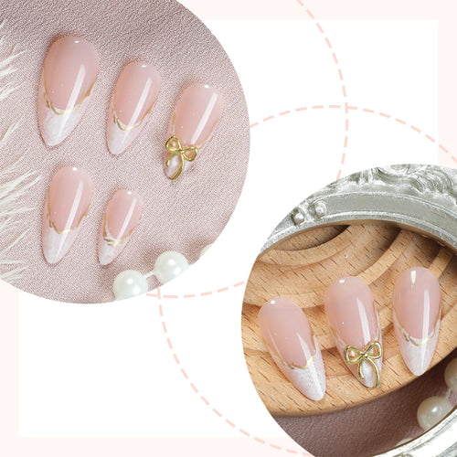 24pcs White French Tip Press on Nails Medium Almond Fake Nails with 3D Bow Acrylic Nails Design Gold Line Stick on Nails French False Nails Kit Full Cover Glue on Nails for Women Nail Decoration : Beauty & Personal Care