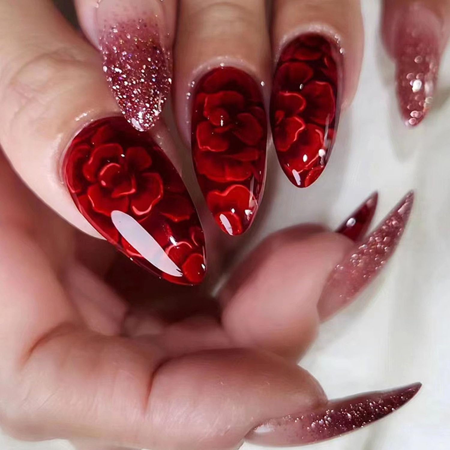 Short Press On Almond Fake Nails - Flower Acrylic Fall Nails Press Ons Full Cover Glue On Cute False Floral Stick On Nails for Women - 30 Pcs : Beauty & Personal Care