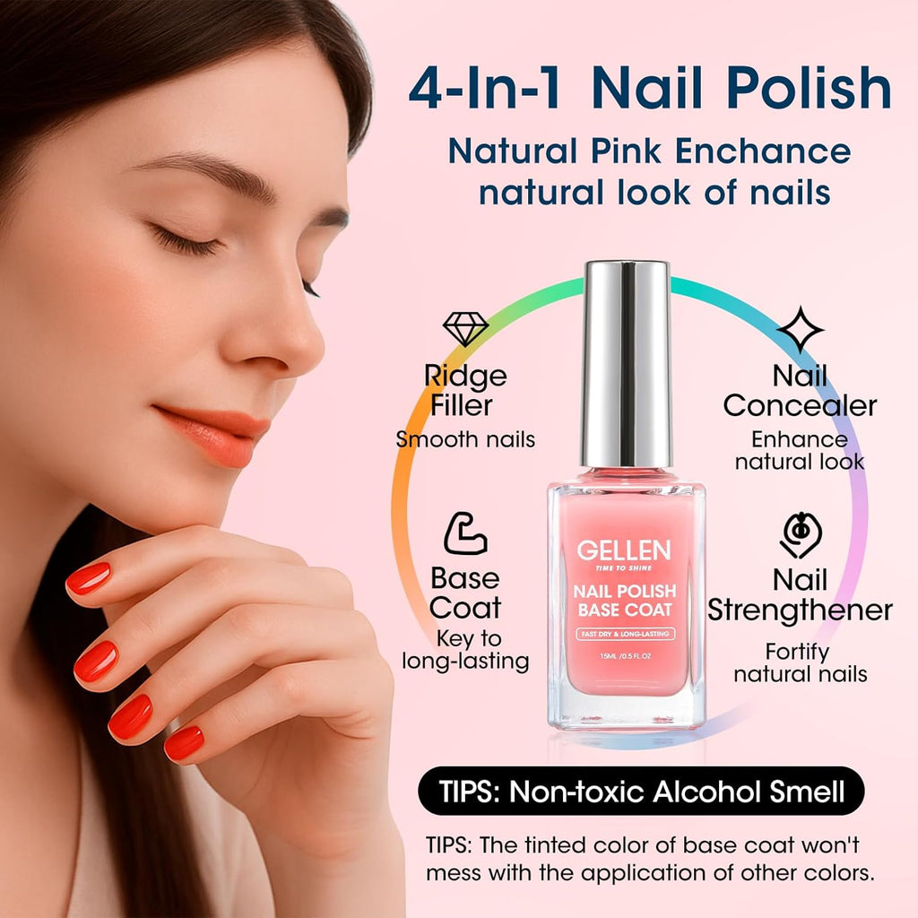 GELLEN Clear Nail Polish Base Coat Pink Tint. Sheer Natural Color Regular Nail Polish Quick Air Dry. Calcium Formula Strengthens Nails. Enhances Natural Look. TPO HEMA Free. Non-toxic. Anti-yellowing : Beauty & Personal Care