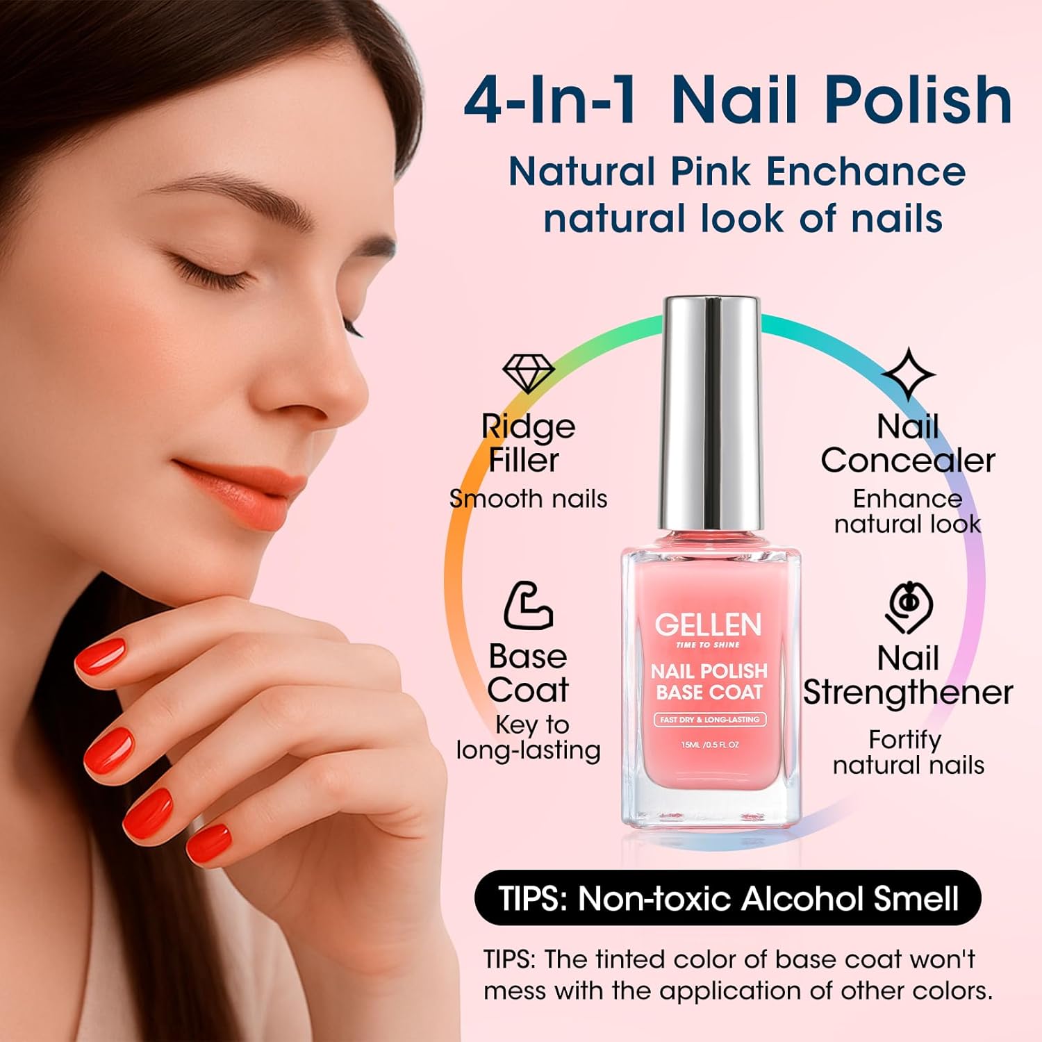 GELLEN Clear Nail Polish Base Coat Pink Tint. Sheer Natural Color Regular Nail Polish Quick Air Dry. Calcium Formula Strengthens Nails. Enhances Natural Look. TPO HEMA Free. Non-toxic. Anti-yellowing : Beauty & Personal Care
