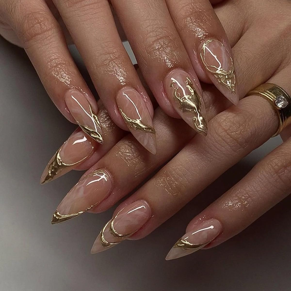 CTTHNBD Press on Nails Almond - French Tip Fake Nails with Gold Line Design - Medium Fasle Nails Press ons - for Women 24 Pcs : Beauty & Personal Care