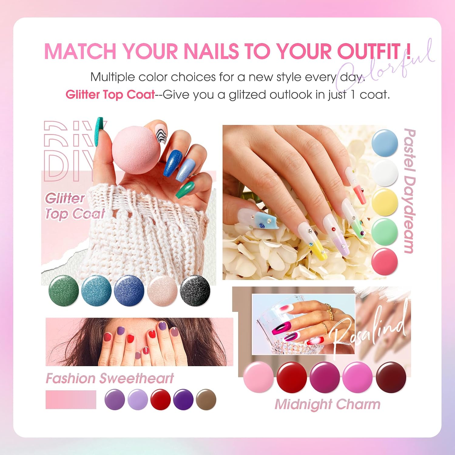 ROSALIND 30pcs Gel Nail Polish Set. 26 Colors Gel Polish with 3Pcs Glossy Matte Glitter Top Coat and Base Coat All Seasons Nude Blue Red Gel Nails art Kit DIY Salon at Home : Beauty & Personal Care