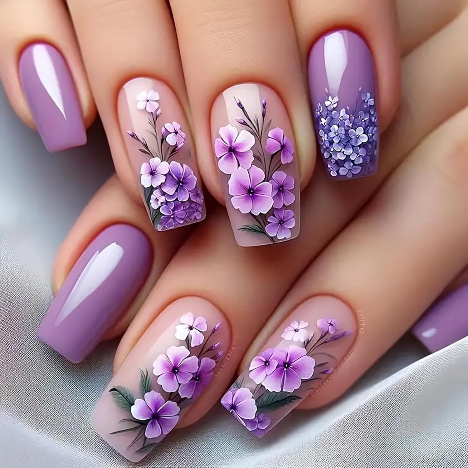 24Pcs Colorful Flower Press-On Nails - Short. Square. Fake. Spring-Summer Nail Art Set. Light Pink Acrylic. Full Cover Glossy False Nails for Women & Girls : Beauty & Personal Care