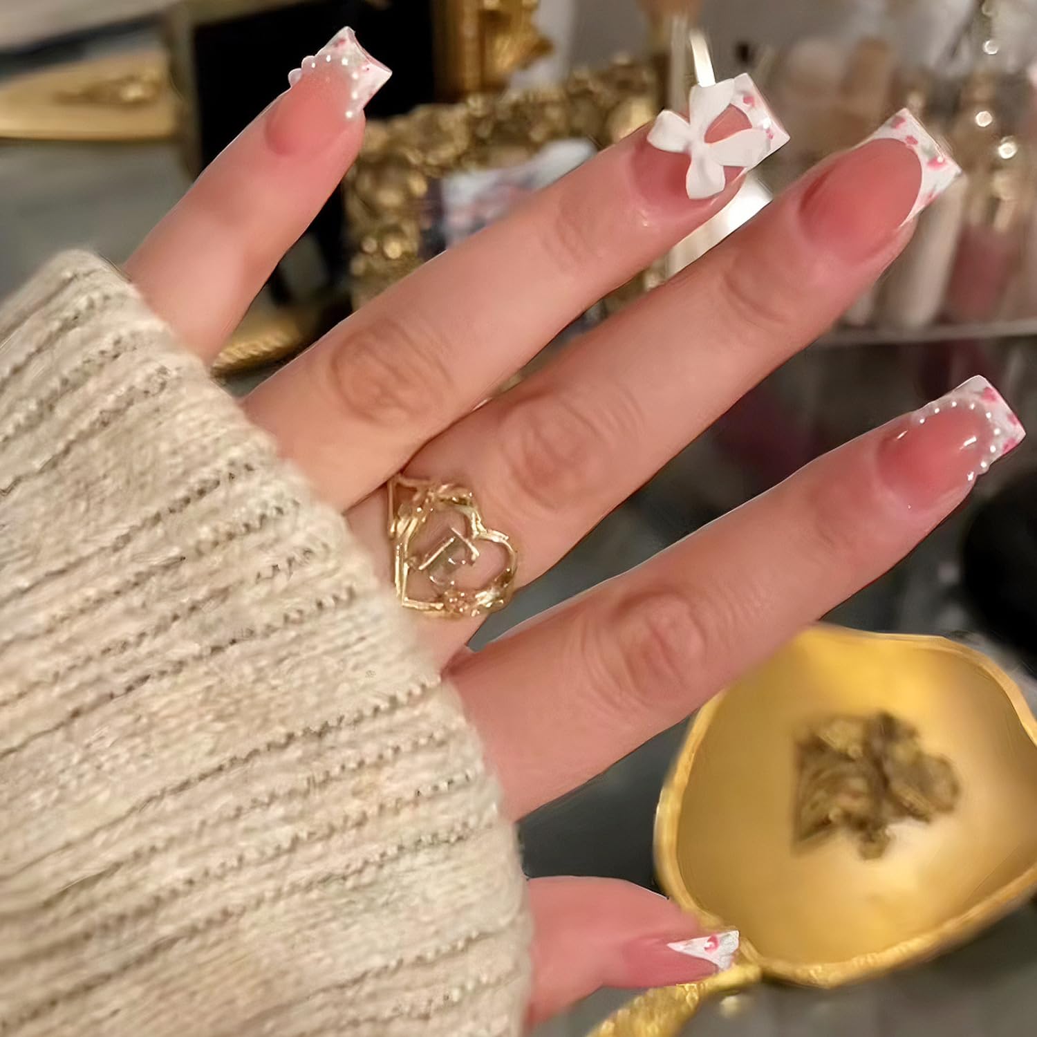 YKZFUI French Tip Press on Nails with Charms. Medium. Cute Bow. Long Square Shape. Acrylic Fake Stick On Nails with Heart and Rhinestones for Women Daily Wear. White : Beauty & Personal Care