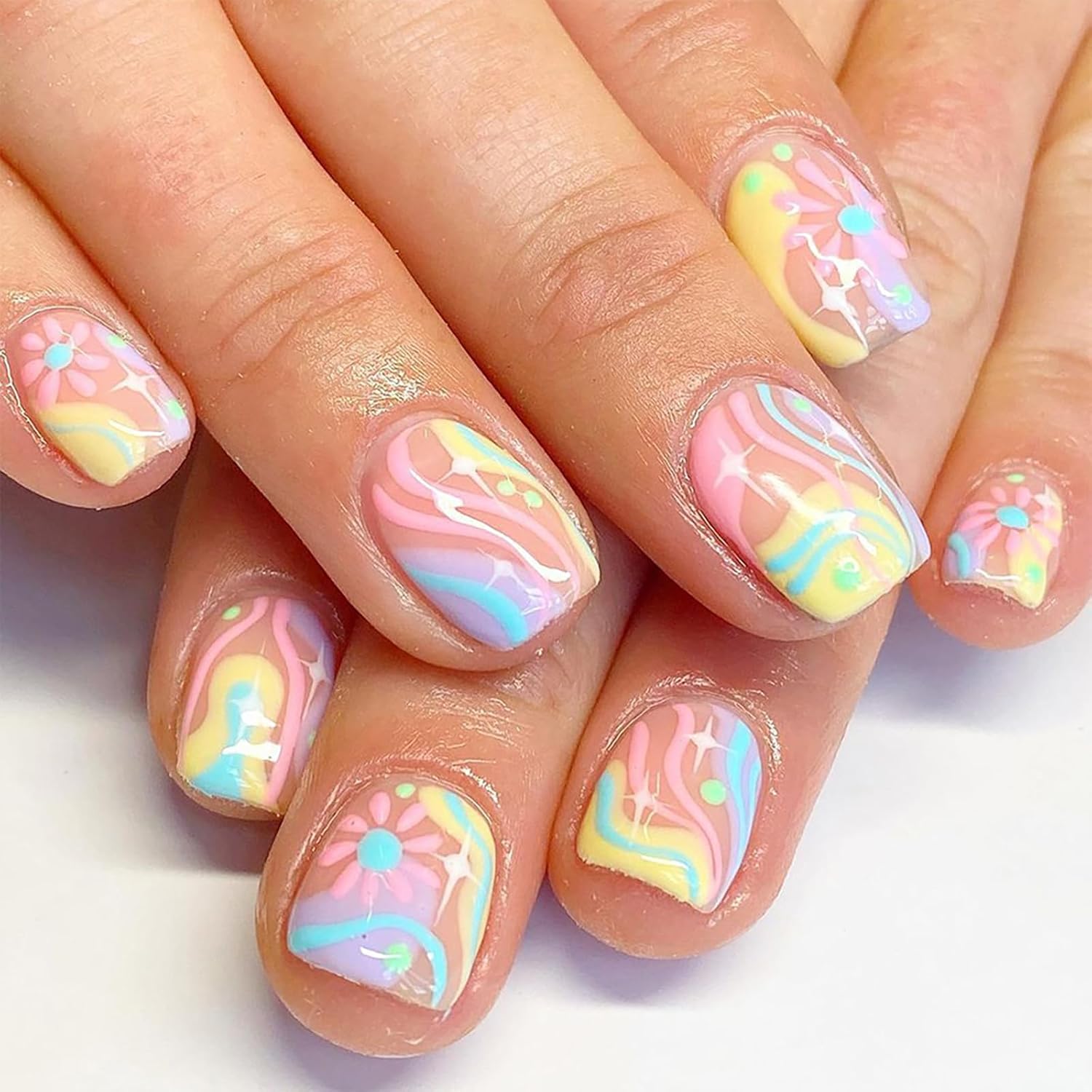 24Pcs Colorful Flower Press-On Nails - Short. Square. Fake. Spring-Summer Nail Art Set. Light Pink Acrylic. Full Cover Glossy False Nails for Women & Girls : Beauty & Personal Care